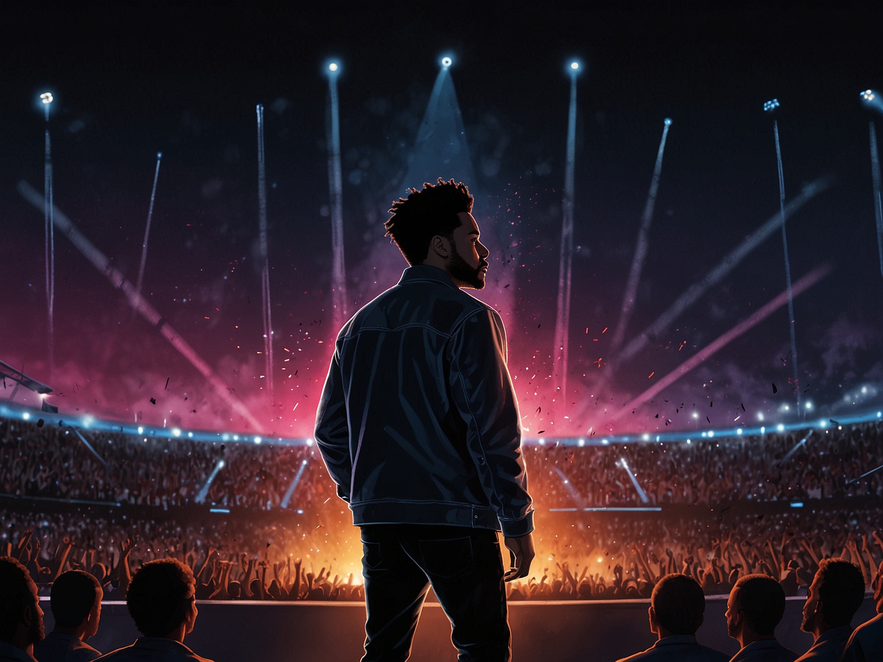 An electrifying image of The Weeknd in a dynamic concert setting, engaging with a packed Rose Bowl stadium, under vibrant lights. Fans are excited, showcasing the energy surrounding his upcoming album and concert.