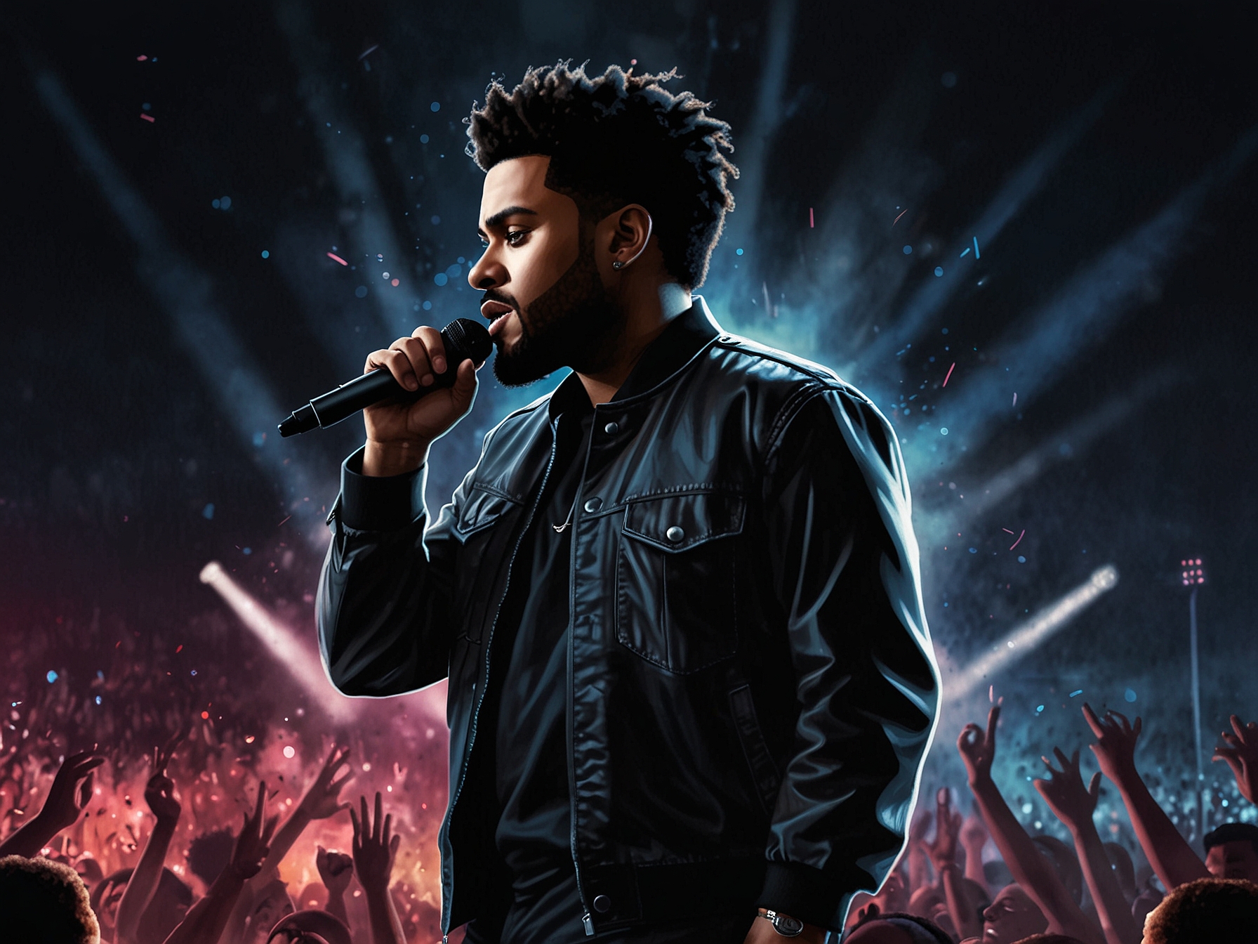 A promotional image for The Weeknd's 'Hurry Up Tomorrow' album featuring striking graphics that hint at the emotional depth and sonic layers of the music awaiting fans.
