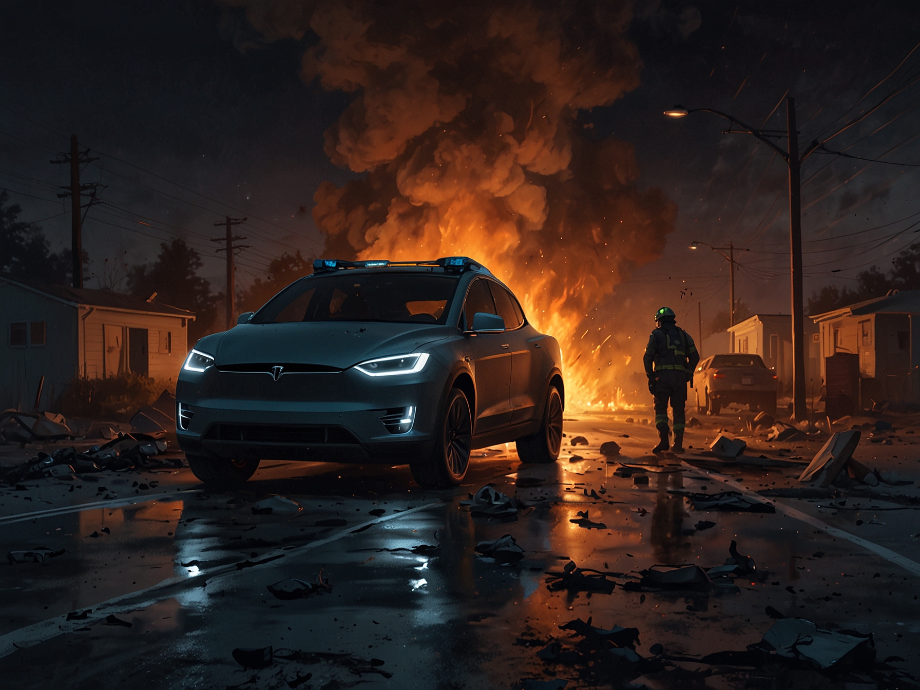A somber scene depicting the aftermath of a Tesla Cybertruck crash at night with emergency responders battling flames and debris scattered on the road, illustrating the tragic consequences of the incident.