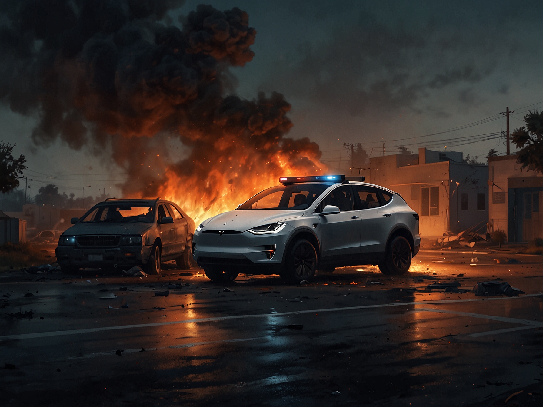 First responders attending to a smoldering wreckage of a Tesla Cybertruck, with flashing lights illuminating the scene, highlighting the severity of the crash and the urgency of emergency services.
