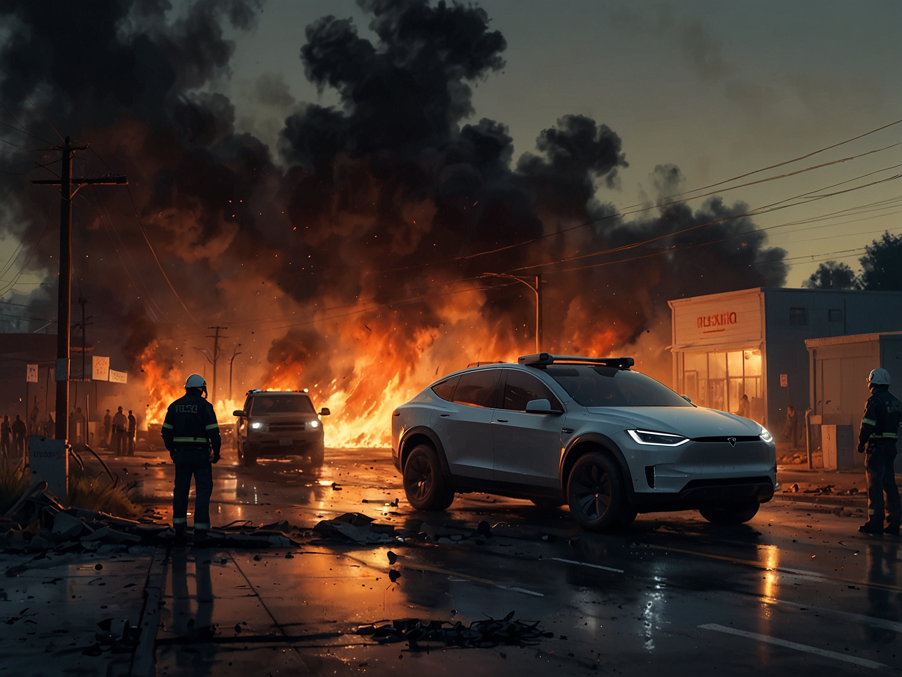 A close-up view of the charred remains of a Tesla Cybertruck surrounded by police tape and emergency vehicles, symbolizing the dangers associated with speeding and vehicle safety on the roads.