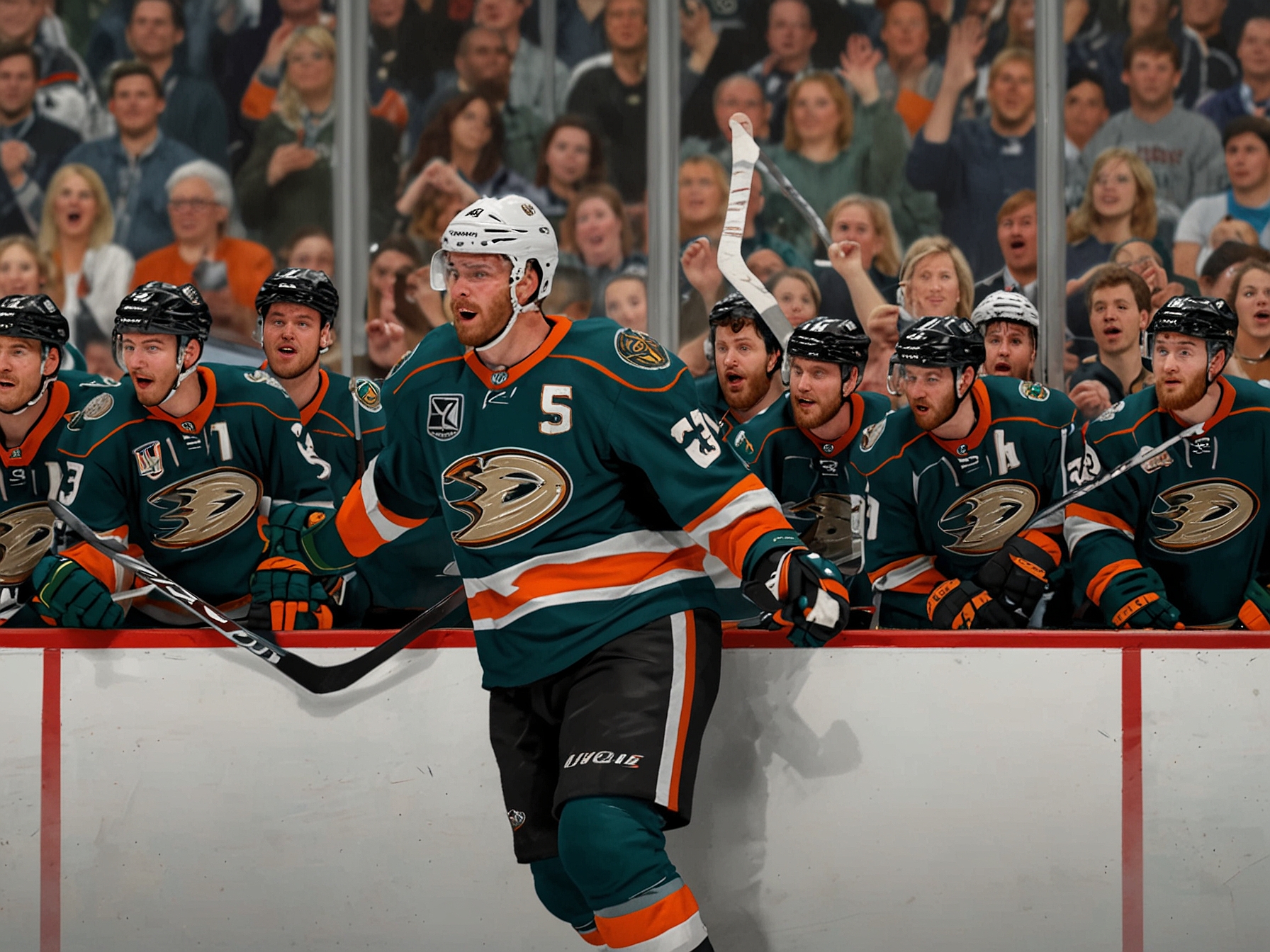 An intense moment from the NHL game between the Anaheim Ducks and Seattle Kraken, featuring Ducks players celebrating a goal, with the crowd erupting in excitement.