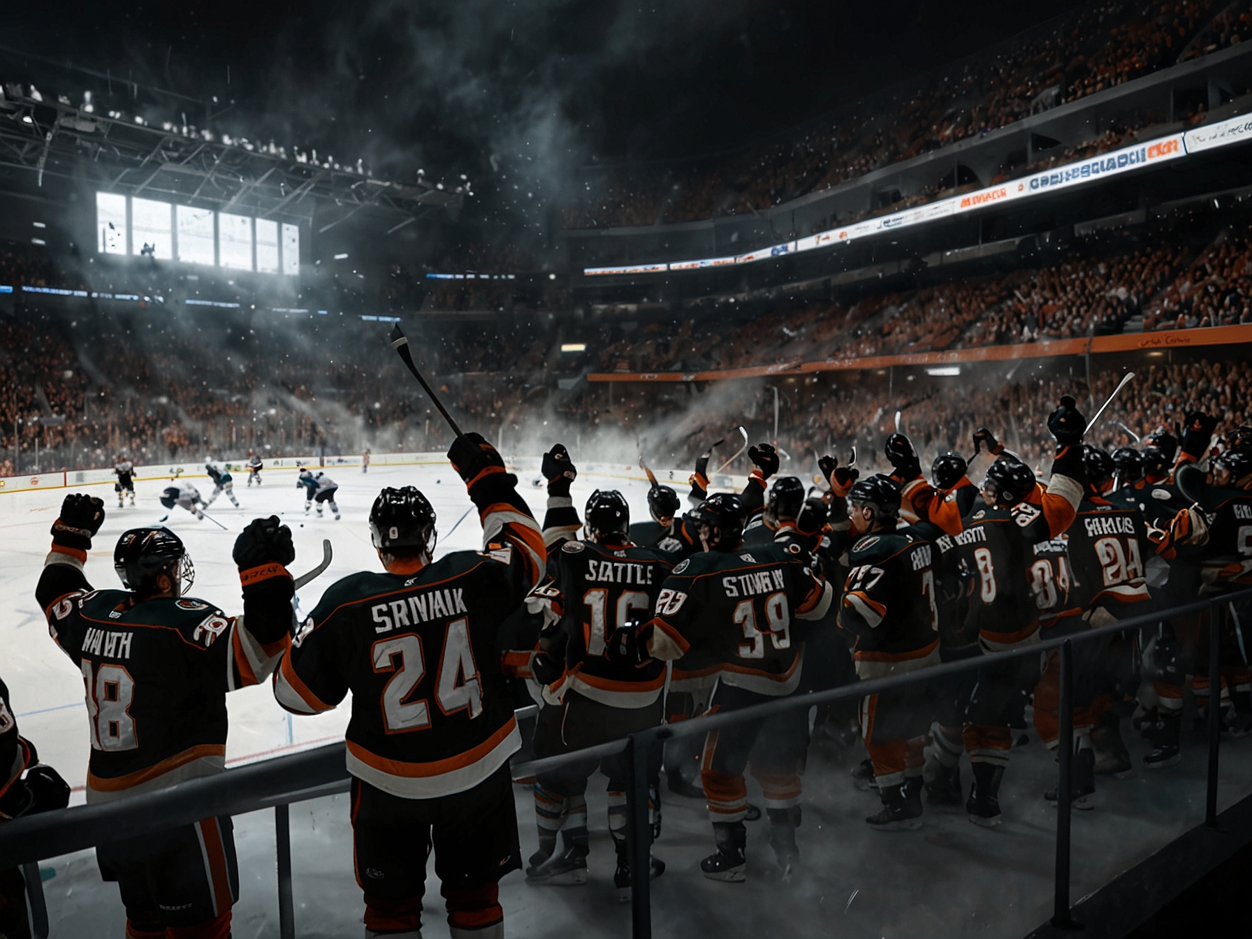 Anaheim Ducks goaltender John Gibson making a spectacular save, showcasing determination and skill, with players from both teams in action around him.