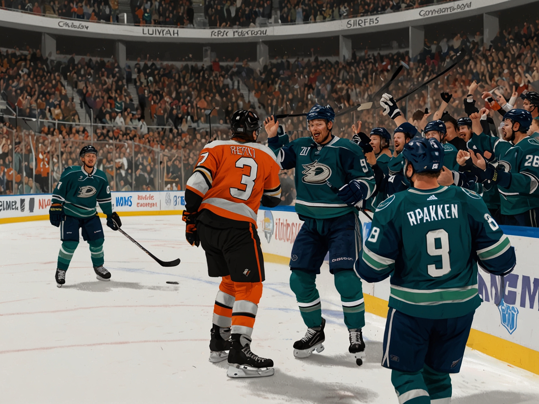 A shot of the Ducks' players working seamlessly together on the ice, capturing the teamwork and passion as they push for victory against the Kraken.