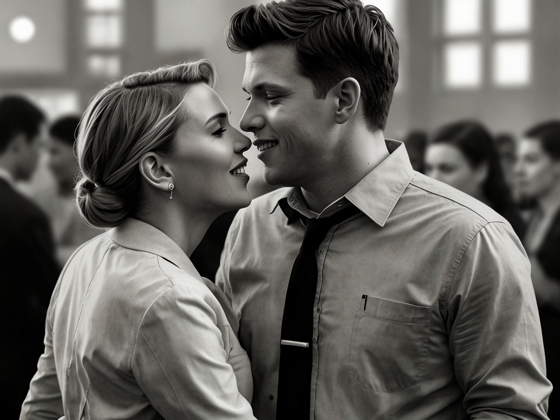 Scarlett Johansson playfully interacting with Colin Jost at a public event, showcasing their joyful relationship amidst parenting challenges.
