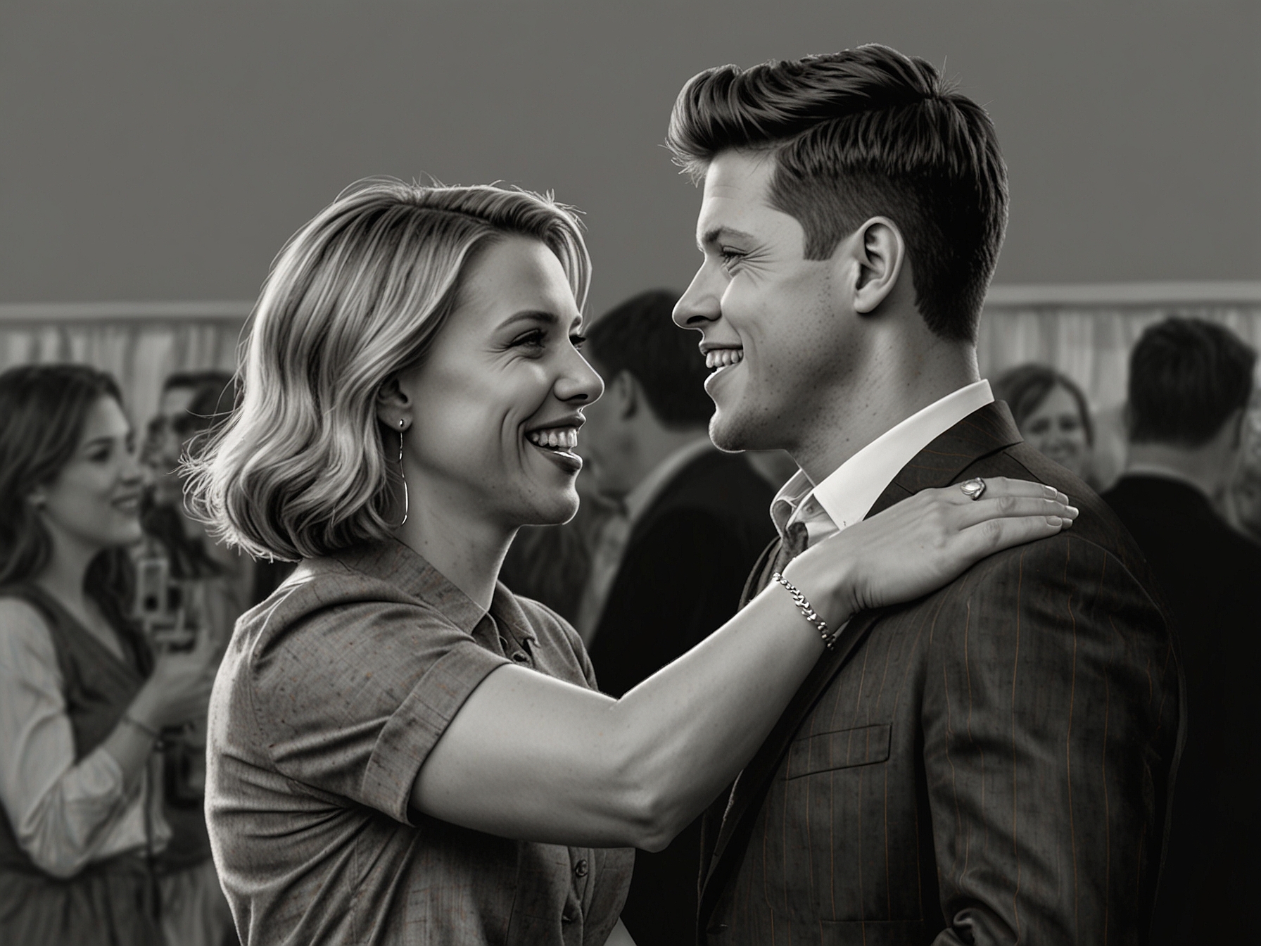 A candid moment of Johansson smiling during her surprise 40th birthday party, surrounded by friends and laughter, reflecting joy and celebration.