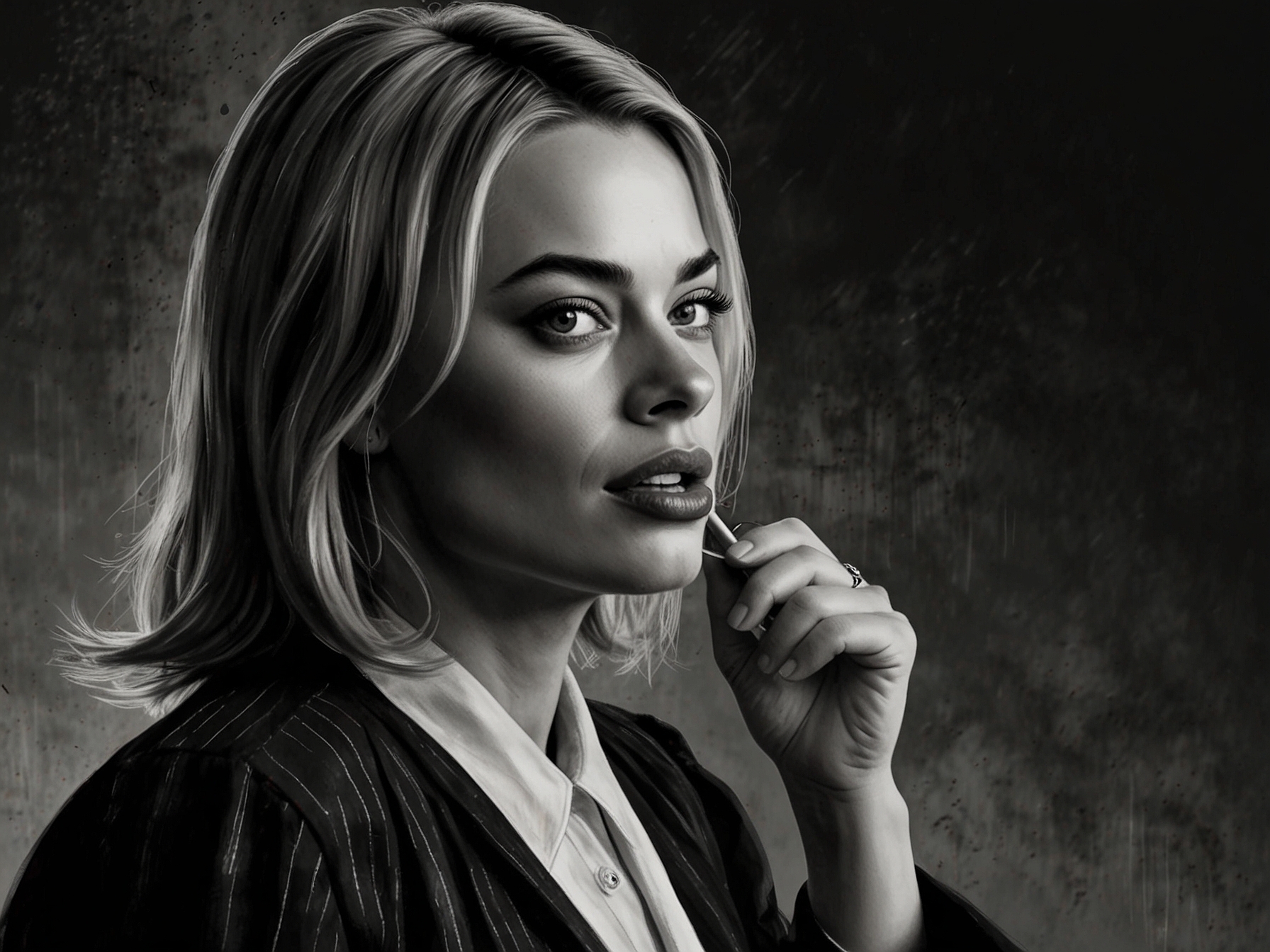 An image featuring Margot Robbie in character as Nellie LaRoy, showcasing her intense expression while performing, hinting at the film's artistic depth and ambition.