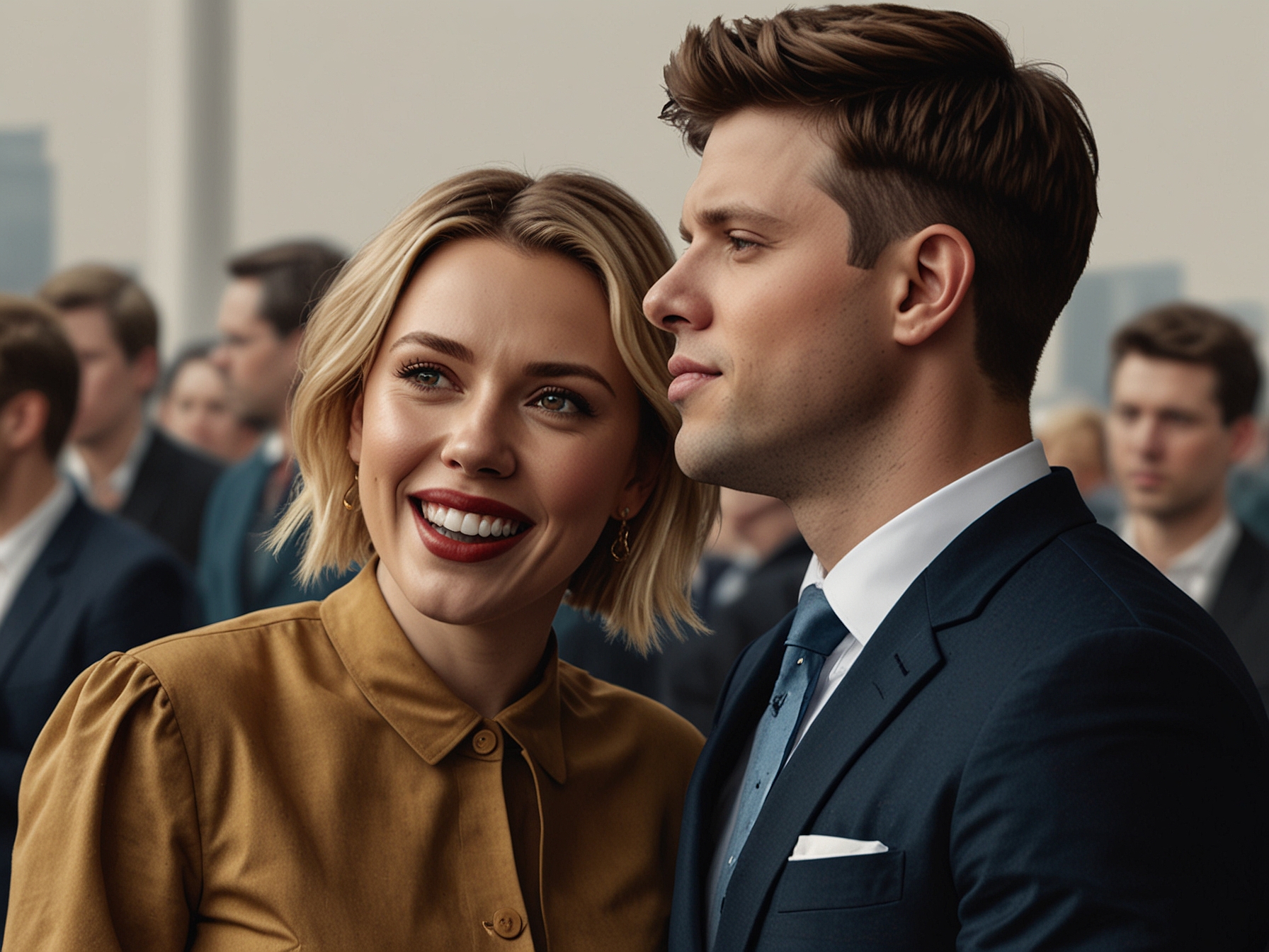 A family scene depicting Johansson with her two children, engaged in a playful outdoor activity, emphasizing her journey as a modern parent.