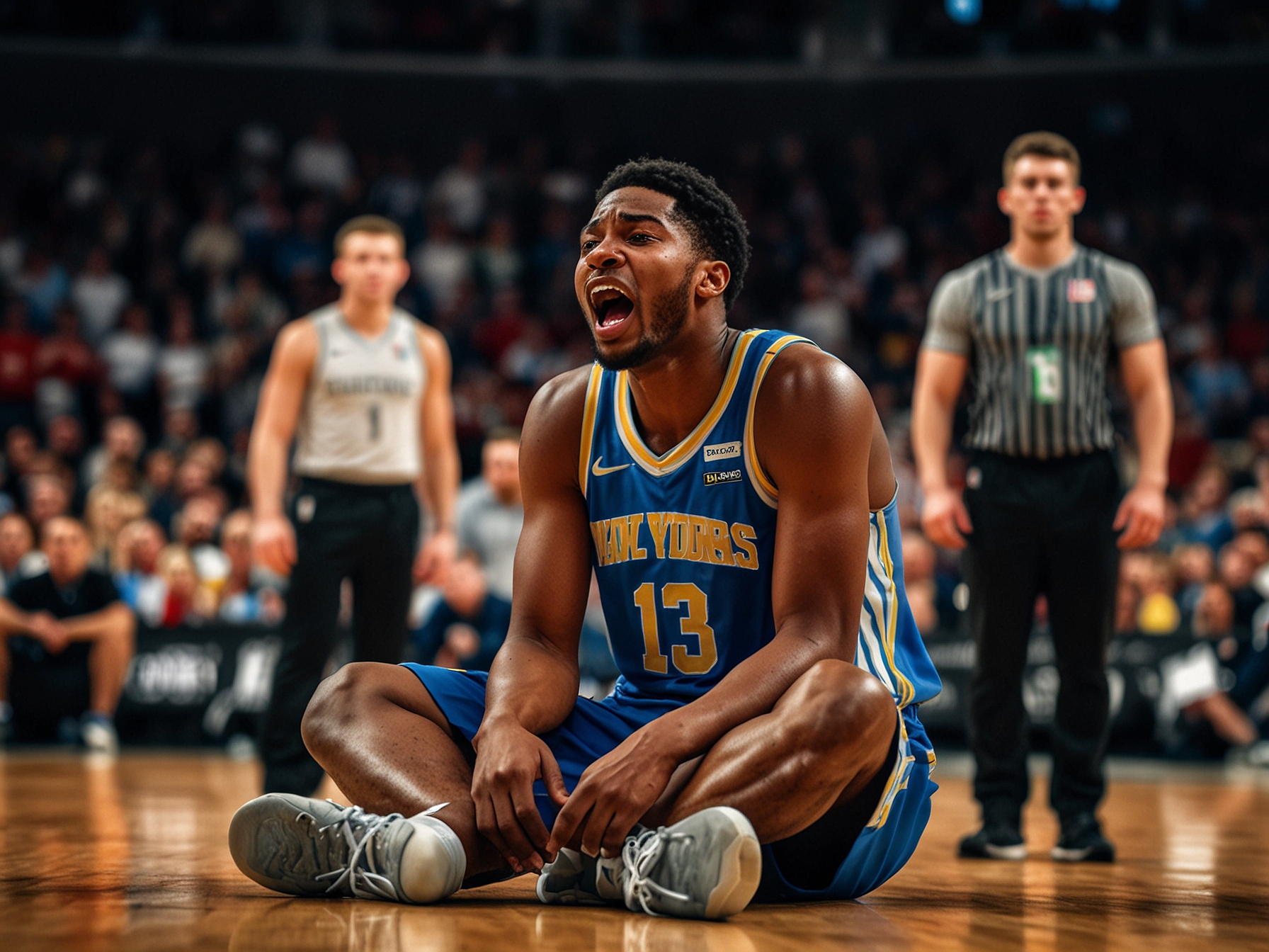 Jalen Williams grimacing in pain on the court, clutching his eye after a fall during a game, surrounded by concerned teammates and coaches. The intensity of the moment captures the gravity of his injury.