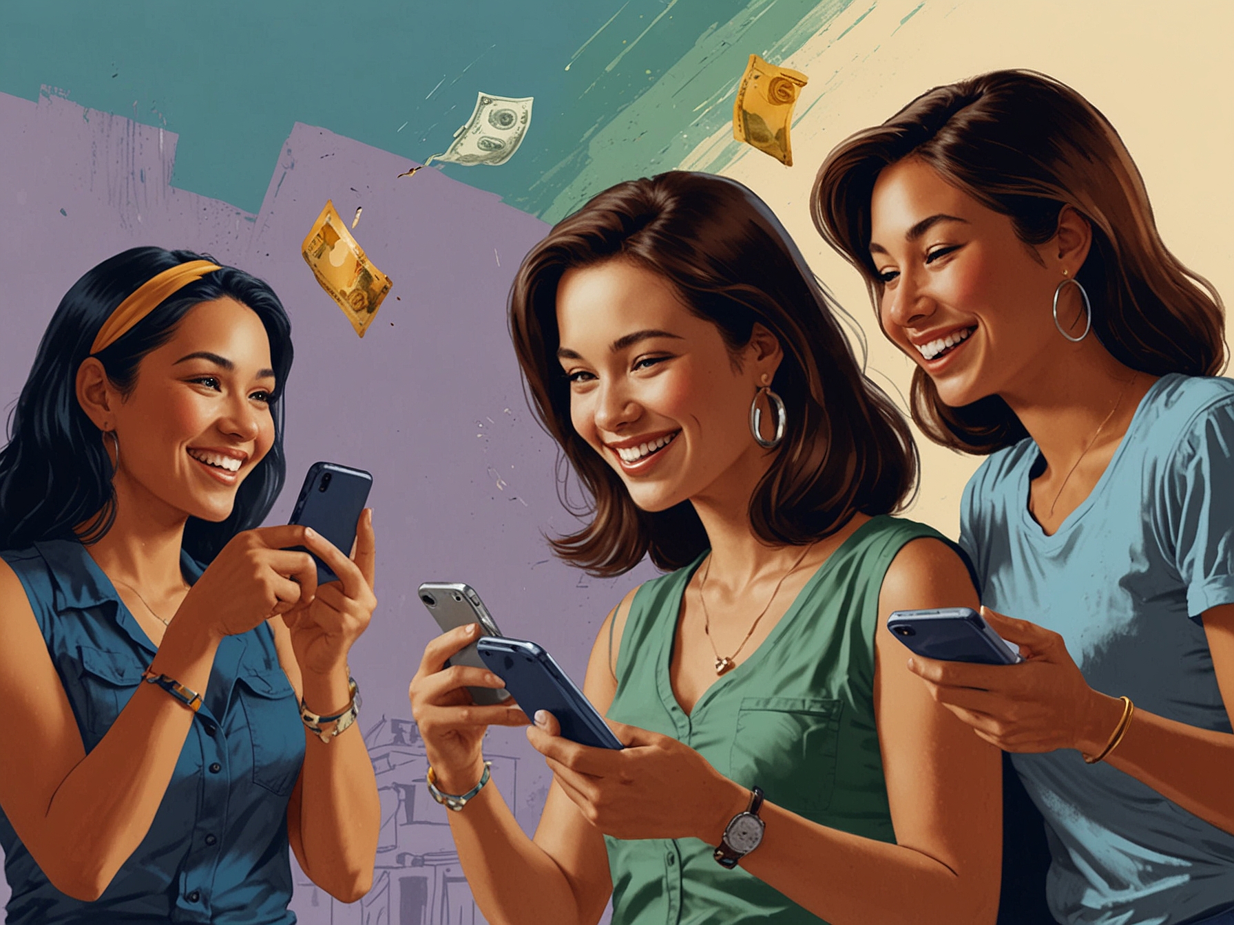 A vibrant graphic showing friends happily sharing money through their smartphones, symbolizing the DANA Kaget feature and its empowering community engagement.