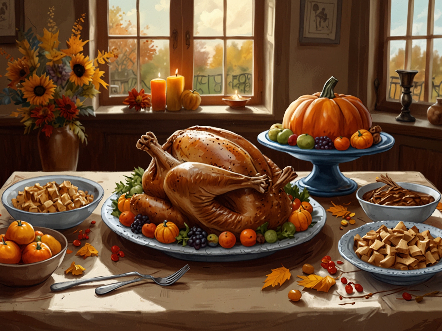 A warm Thanksgiving table set with traditional foods such as turkey, stuffing, and pumpkin pie amidst autumn decorations, illustrating the essence of family and gratitude.