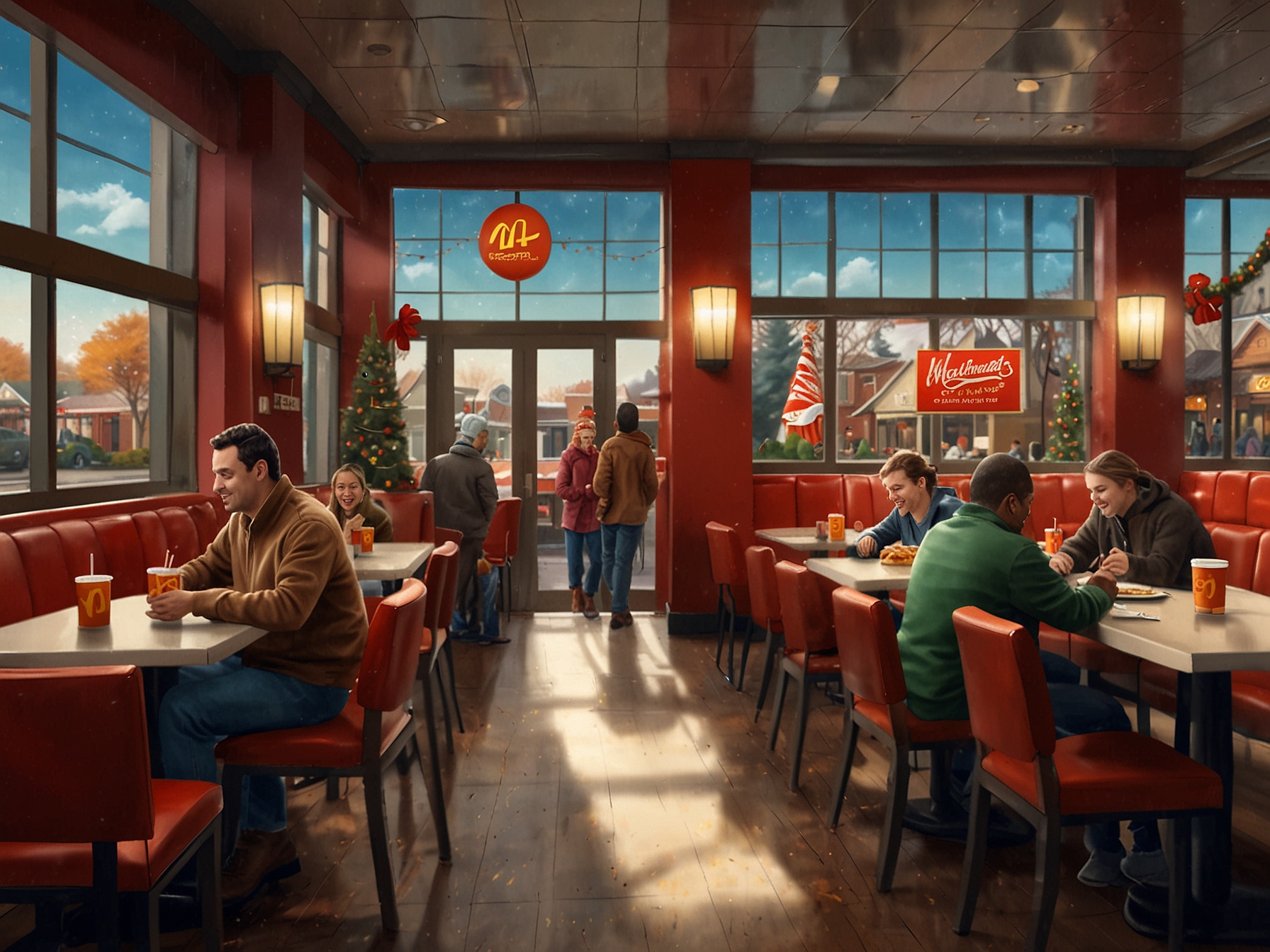 A cozy McDonald's restaurant setting with festive Thanksgiving decorations, showcasing a family enjoying fast food together amid holiday cheer. The image conveys the blend of traditional dining with fast food convenience during the holiday season.