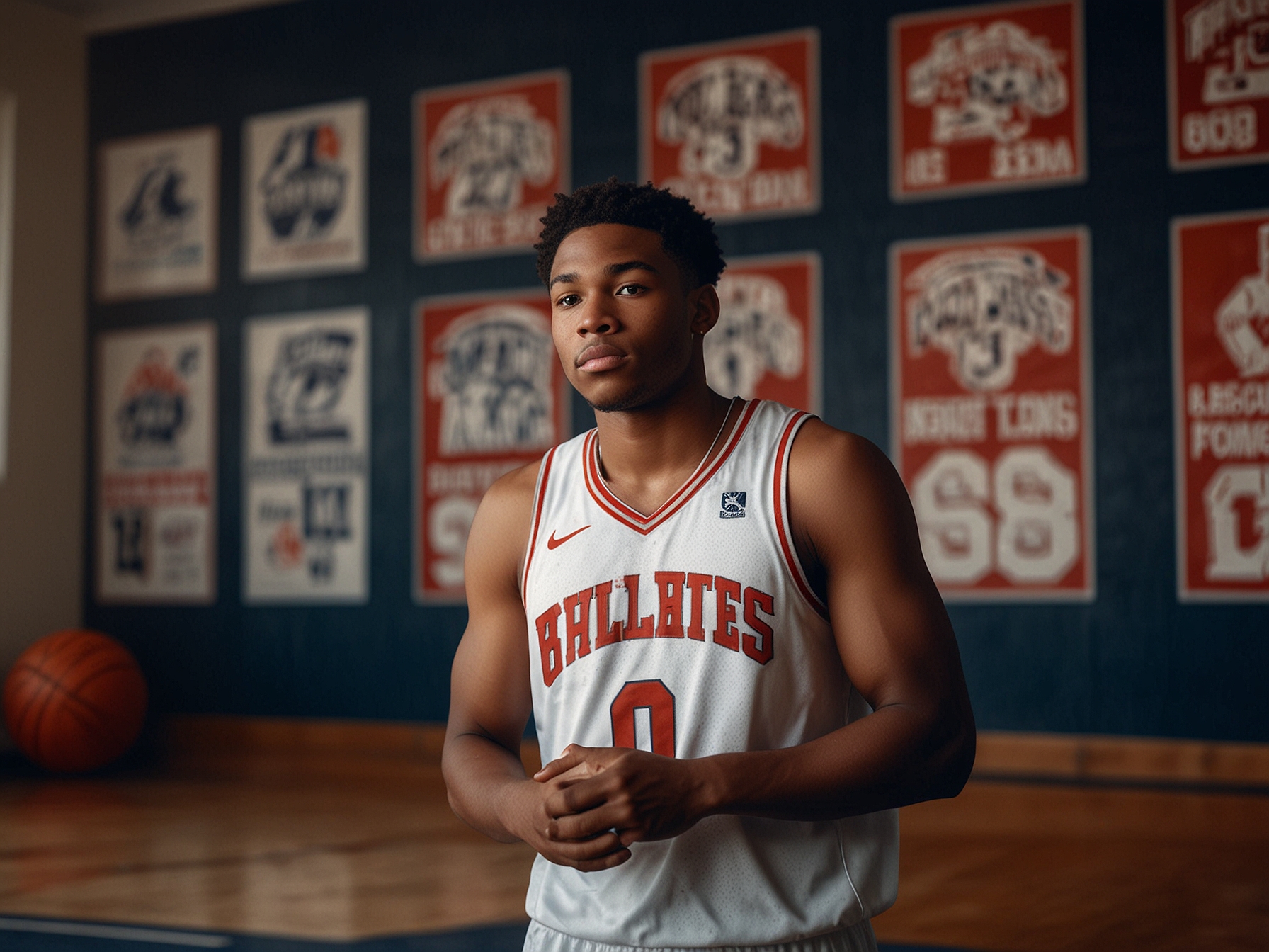 A young basketball player, Bryce James, is seen in a gym wearing a basketball jersey, reflecting on his college recruitment options while looking at a board with various college logos and offers.