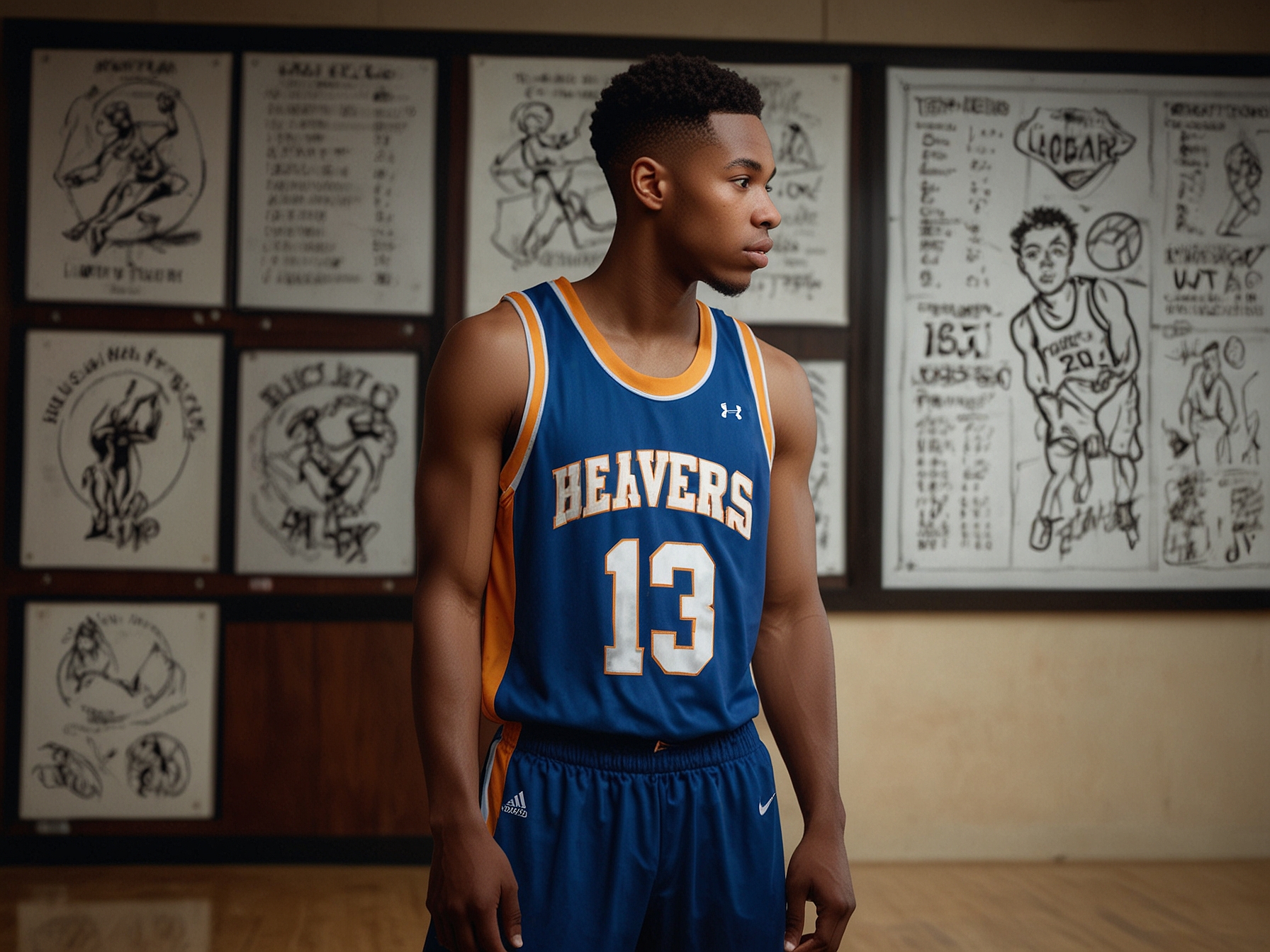 Bryce James is visiting the Arizona Wildcats basketball court, examining the facilities while engaging in a conversation with a coach, surrounded by memorabilia of the school.
