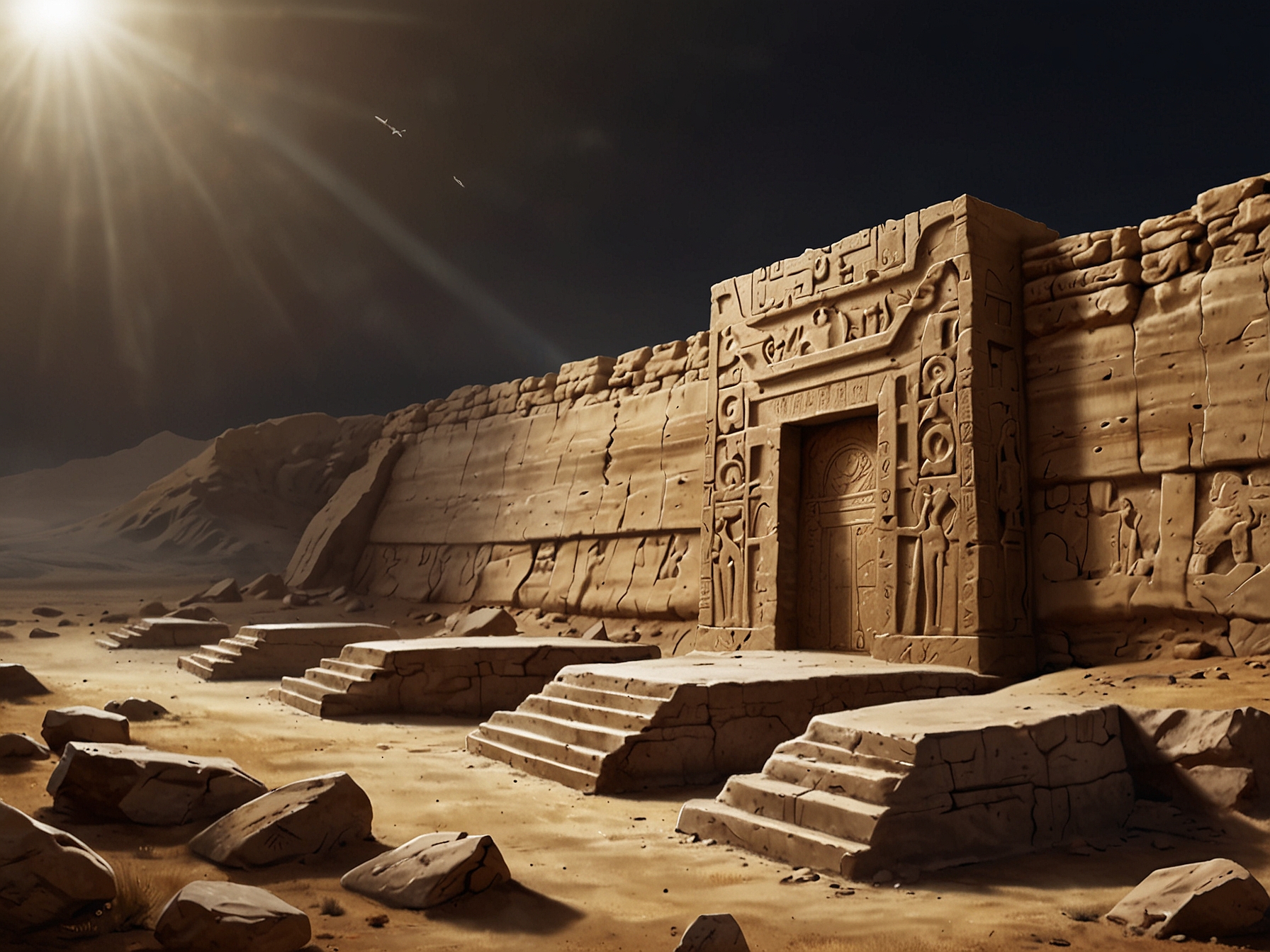 An archaeological site showcasing the recently discovered Anunnaki tomb in Iran, featuring ancient artifacts and a preserved figure believed to represent an Anunnaki being.