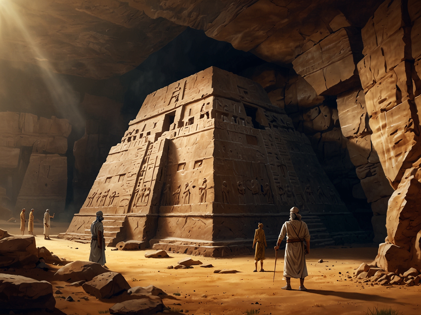 Researchers examining the intricate carvings and symbols found within the Anunnaki tomb, highlighting the rich mythology and cultural significance of the Sumerian civilization.
