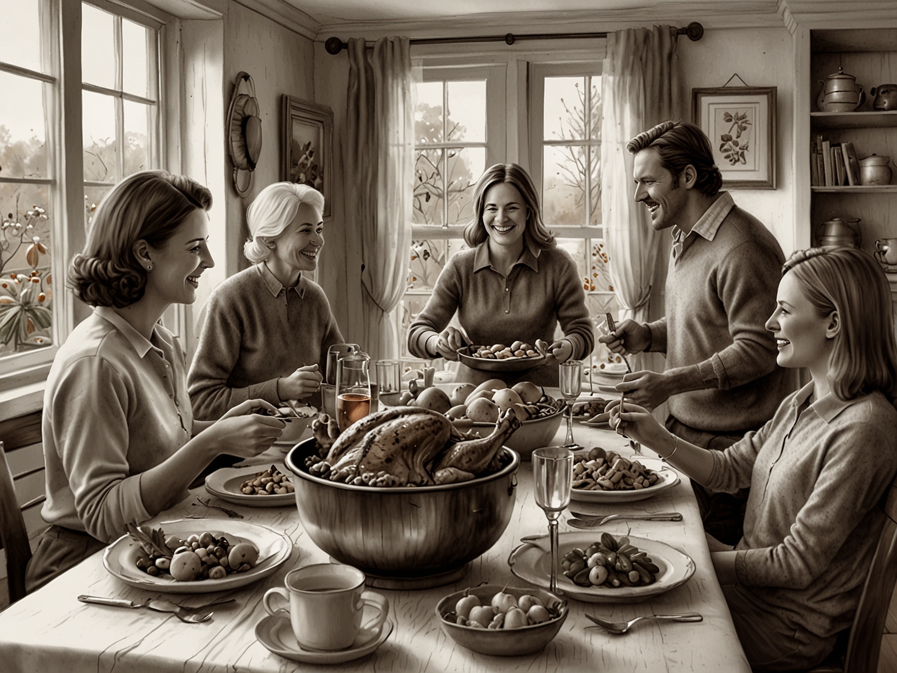 A cozy family gathering around a beautifully set table for Thanksgiving dinner, showcasing a feast with turkey, sides, and family enjoying each other's company.