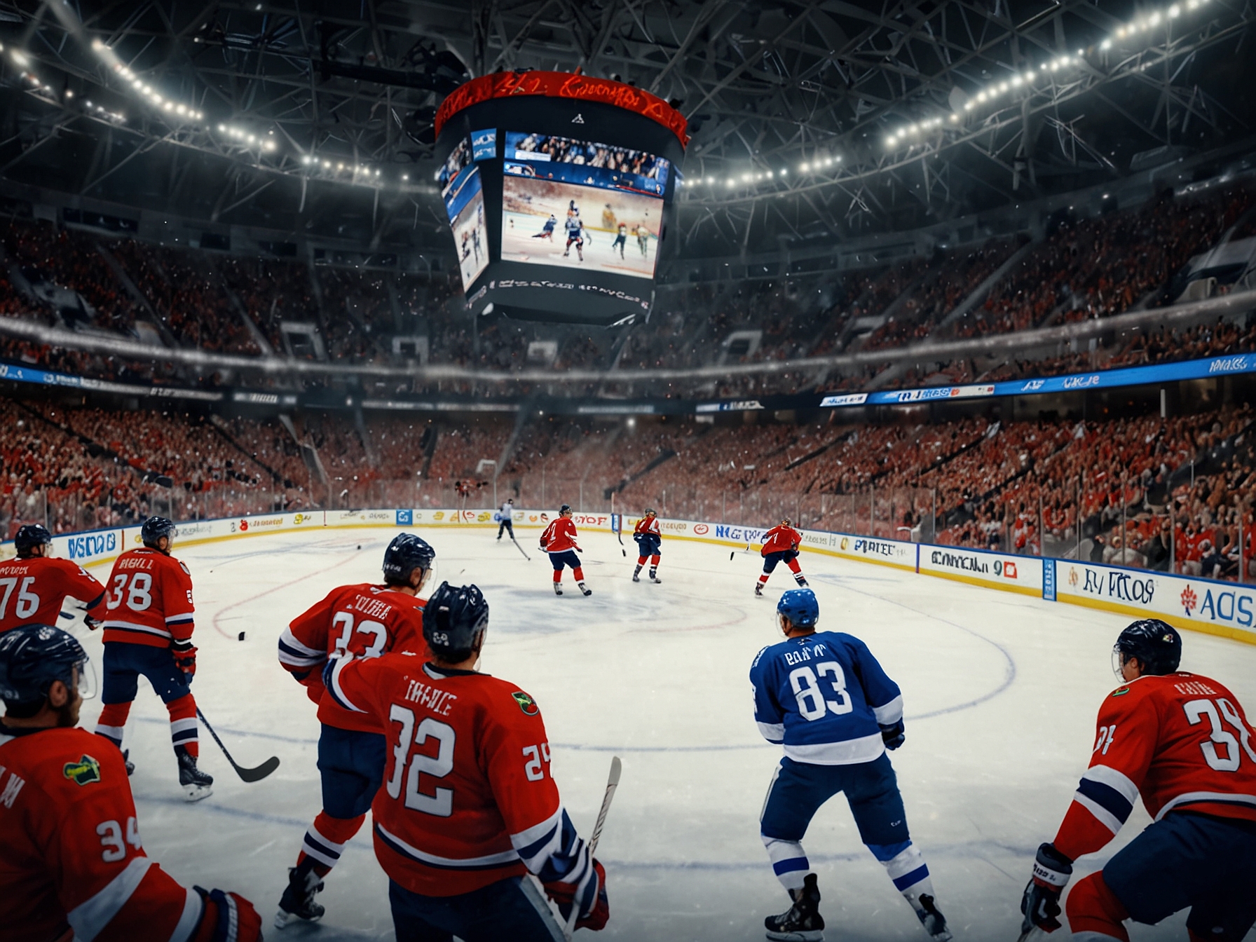 An intense hockey game scene featuring players from the Washington Capitals and Tampa Bay Lightning battling for the puck, with a backdrop of a packed arena filled with cheering fans, embodying the excitement of the Thanksgiving matchup.