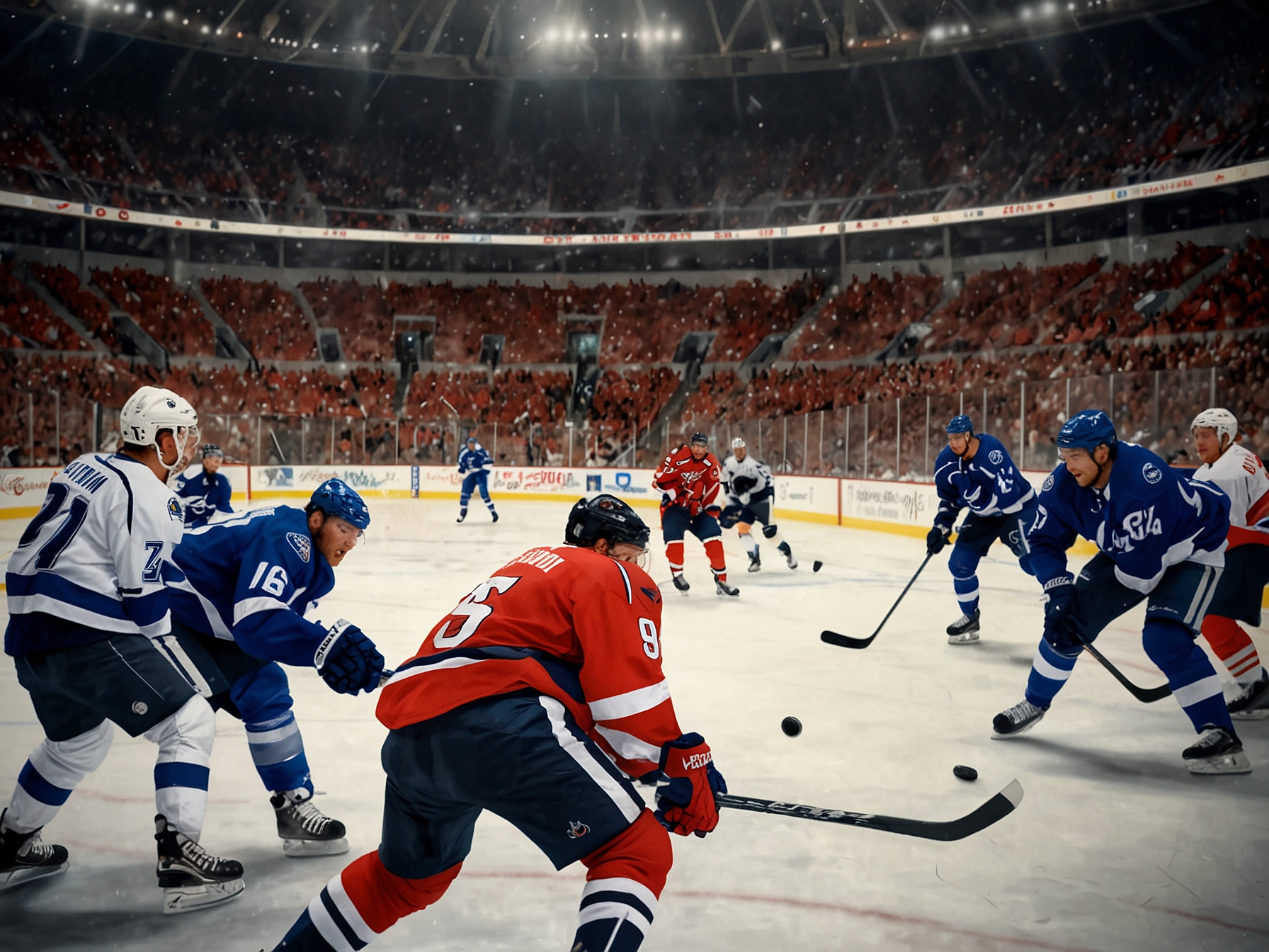 A close-up of the Capitals' team huddle, showing players strategizing with serious expressions, highlighting their determination to overcome challenges without star player Ovechkin.