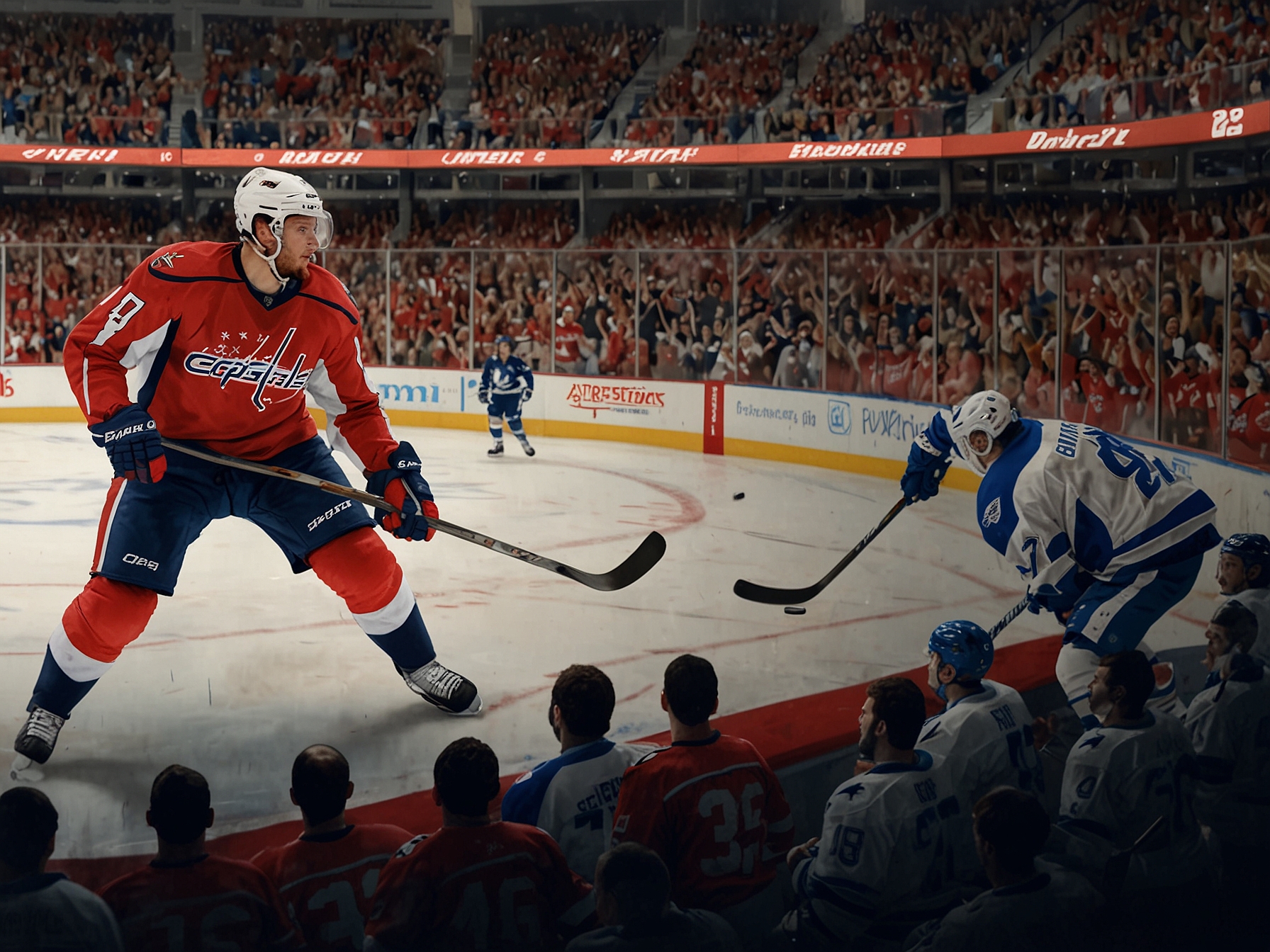 The Lightning players celebrating after a goal, showcasing their offensive prowess and team spirit, with jubilant fans in the background, representing the electrifying atmosphere of NHL hockey.