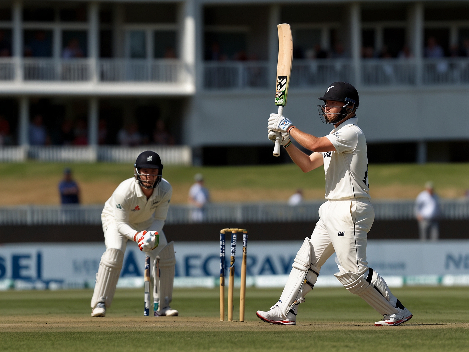 A tense moment on the field with both New Zealand and England players showing determination, depicting the competitive spirit of Test cricket at Hagley Oval.