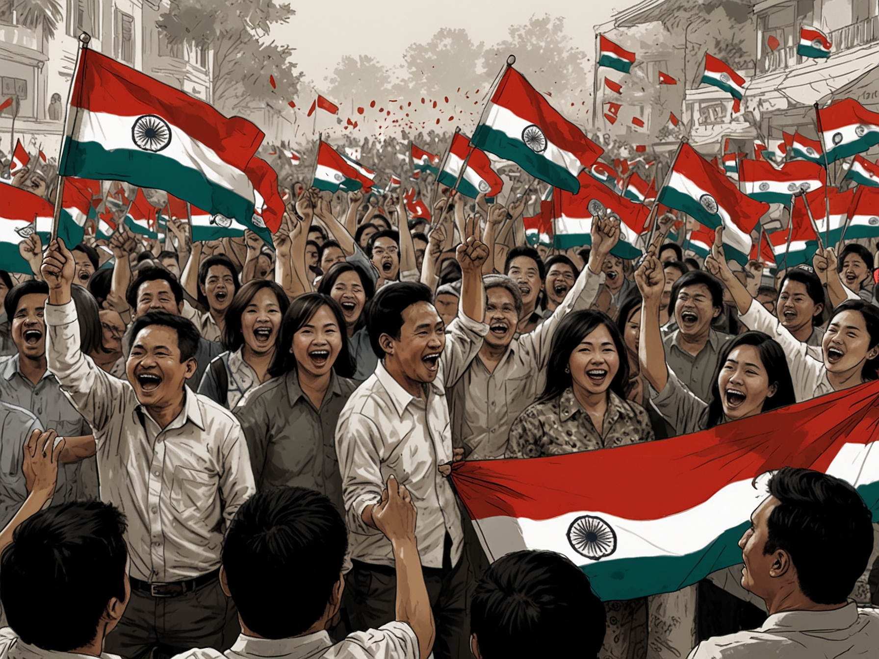 A crowd of supporters waving flags and celebrating Bobby Nasution's victory in Sumatra, highlighting enthusiasm and political engagement in the region.