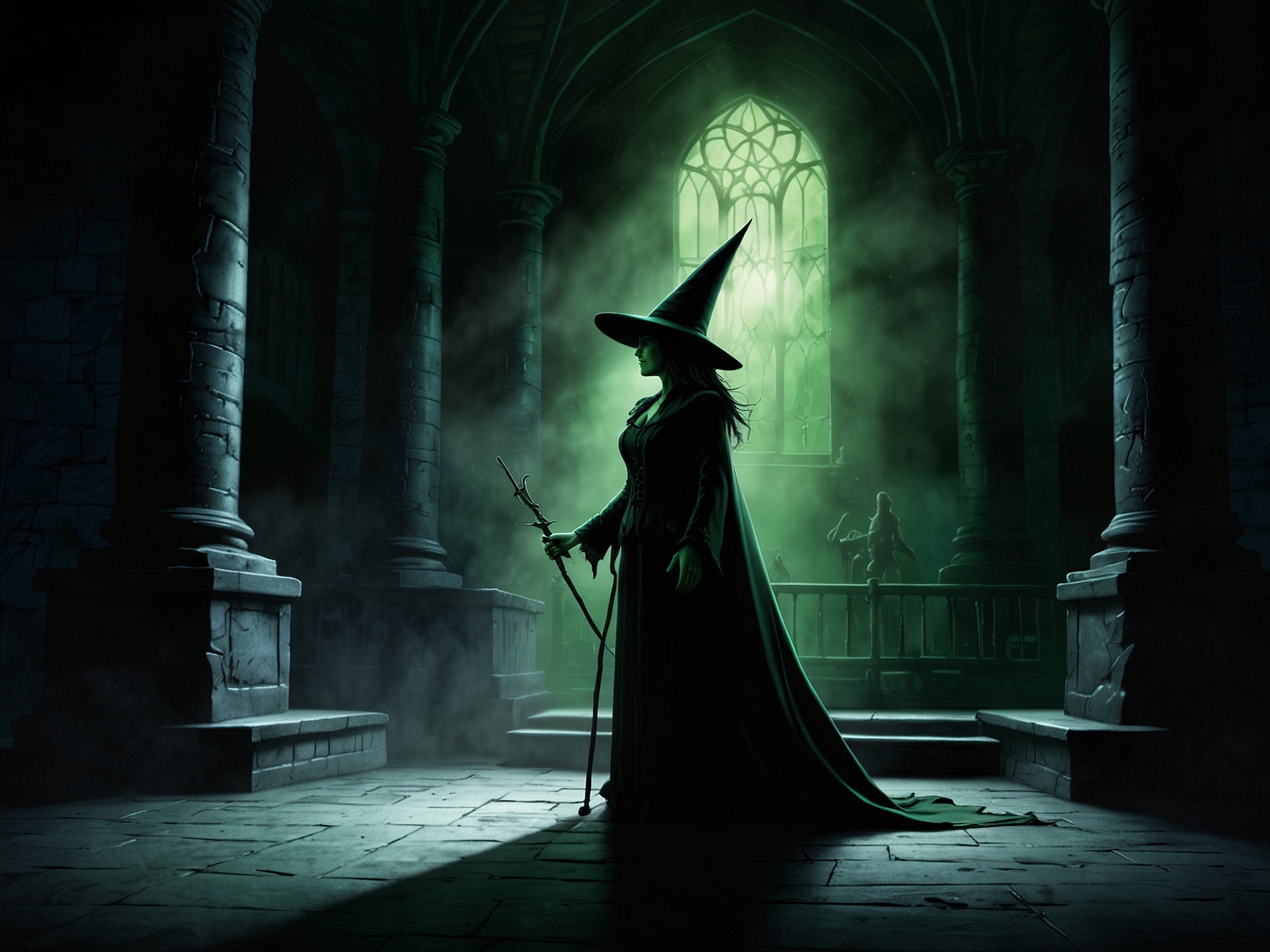 A dramatic scene from the musical 'Wicked' depicting Elphaba standing defiantly against a backdrop of an imposing Wizard, symbolizing the struggle against authority and deceit.