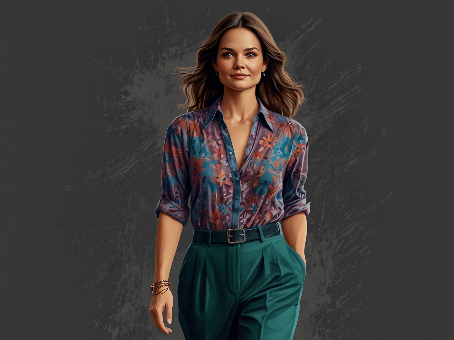 A captivating image of Katie Holmes showcasing her stylish outfit, blending elegance with a relaxed vibe, featuring vibrant colors and modern patterns, exemplifying her fashion evolution.