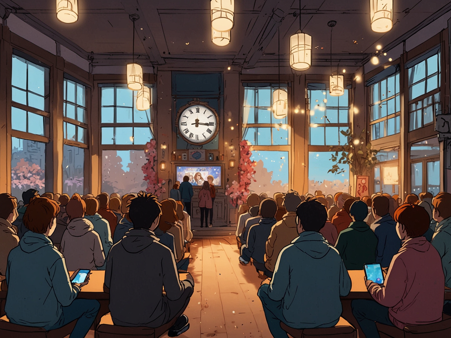 An anxious crowd of virtual fans gathering online, eagerly awaiting the start of Sakura Chloe's 3rd anniversary live stream, with clock countdown and festive decorations hinting at celebration.