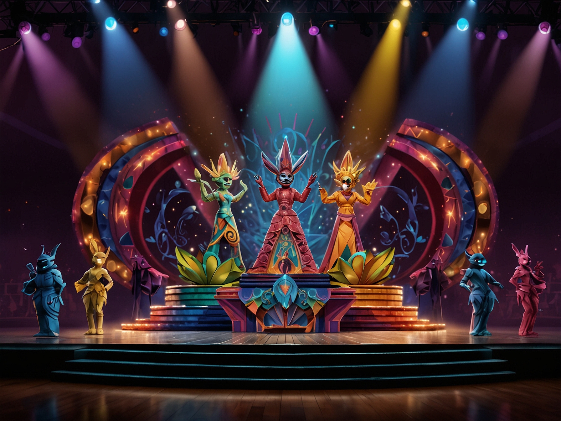 A vibrant stage set for 'The Masked Singer', featuring colorful decorations and silhouettes of the remaining contestants as they prepare for their performances.