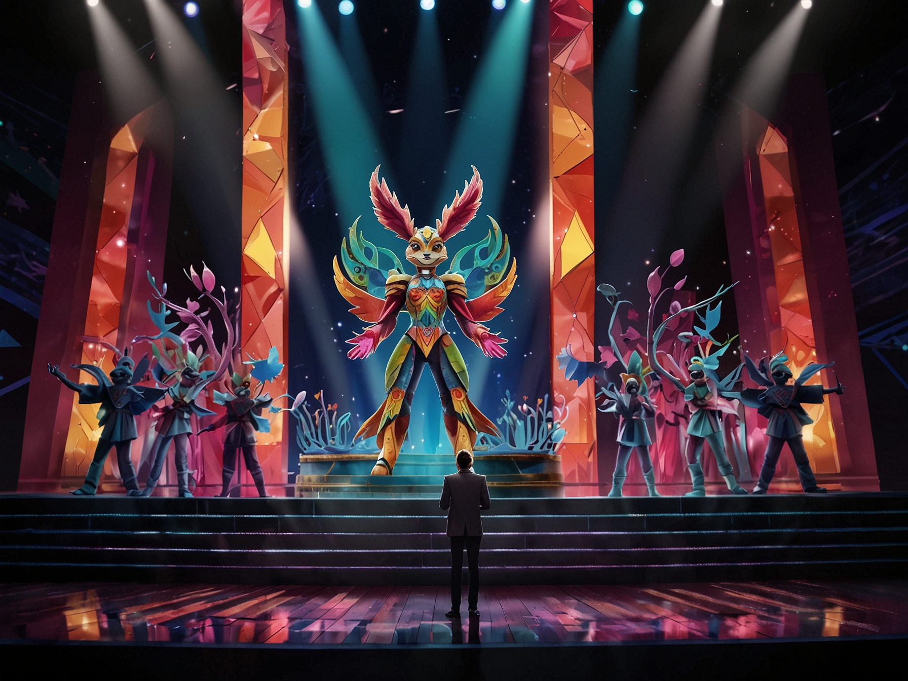 Jana Kramer, dressed in a regal costume as Royal Knight, smiles warmly as she approaches the unmasking moment, with shimmering lights surrounding her.