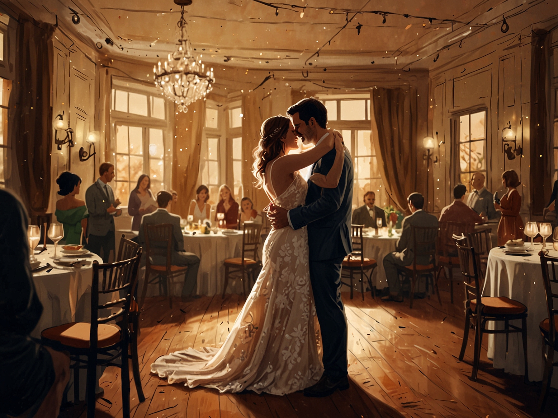 A joyful couple embracing at a cozy private wedding venue, surrounded by soft lighting and warm decorations, symbolizing their secret marriage and happiness.