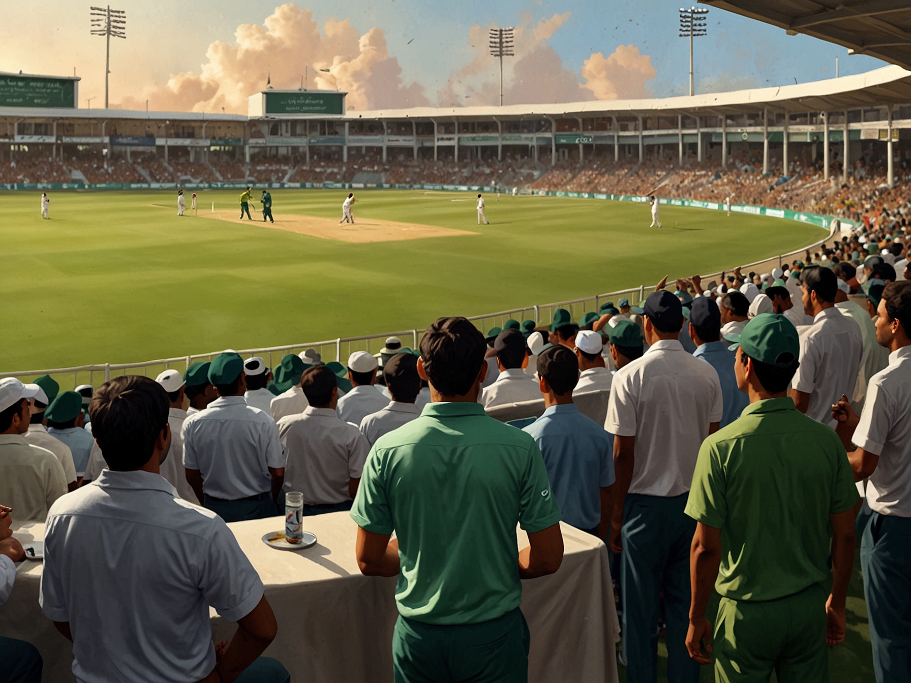 A vibrant cricket field at Queens Sports Club with players from Pakistan and Zimbabwe engaged in an intense ODI match, capturing the thrilling atmosphere and the eager crowd.