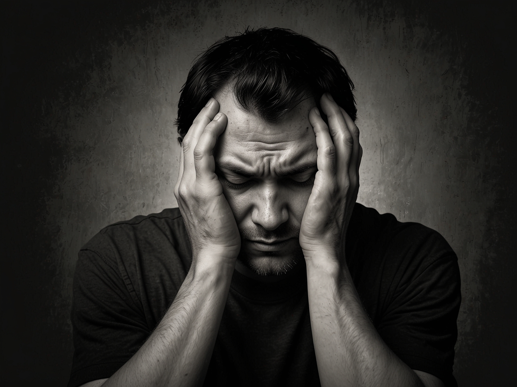A tense scene depicting a distressed man with his head in his hands, symbolizing emotional turmoil and struggles associated with relationships and abuse.