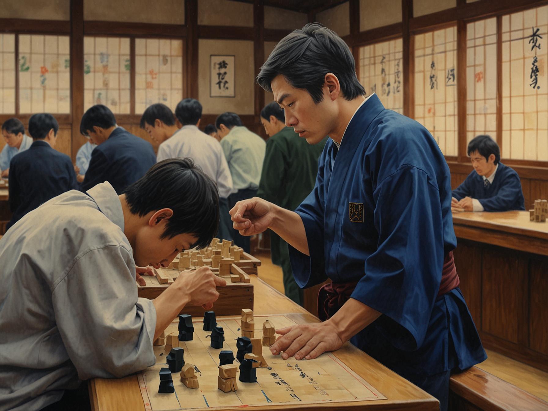 An intense scene from the Shogi championship at Wakayama Castle, showcasing Fujii Sota deep in thought, analyzing his next move against Sasaki Yuki amidst a crowded hall.