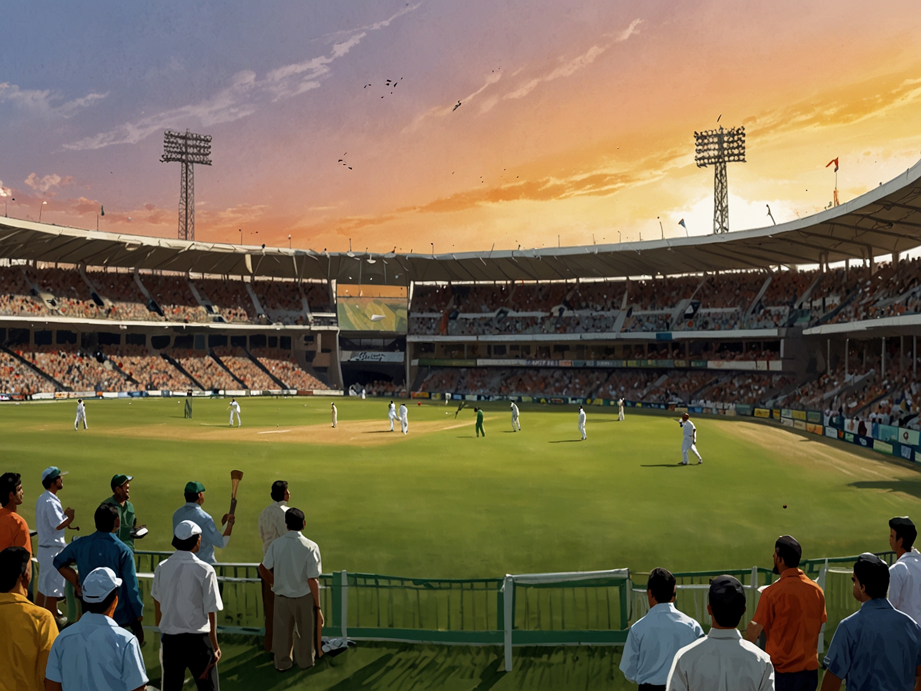 Fans erupting in cheer at Queens Sports Club, clutching flags and displaying their support for either team as they witness a high-stakes ODI encounter.