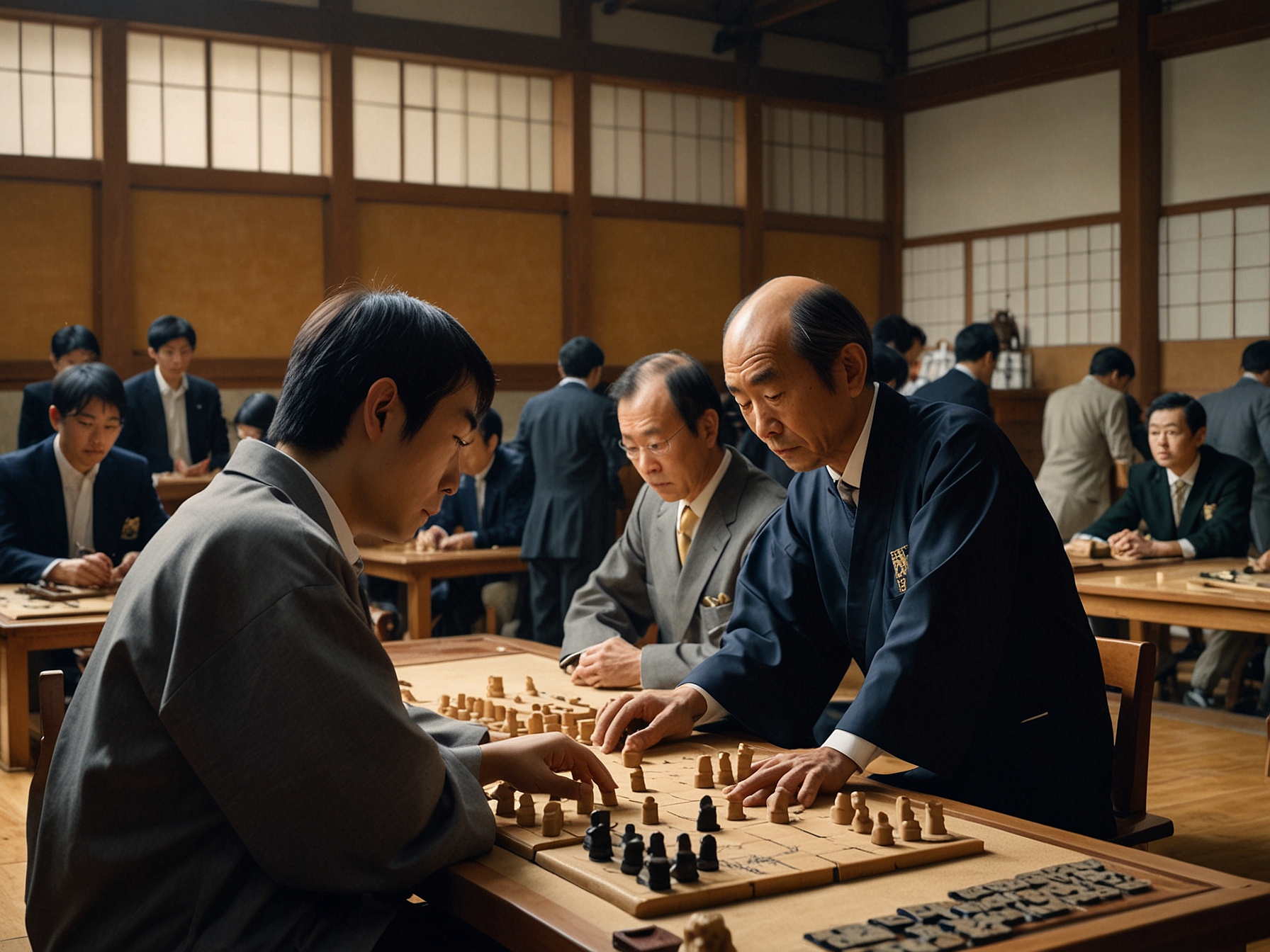 A close-up of the Shogi board during a tense match, with pieces strategically placed, indicating the high stakes and focus surrounding the game between Fujii and Sasaki.
