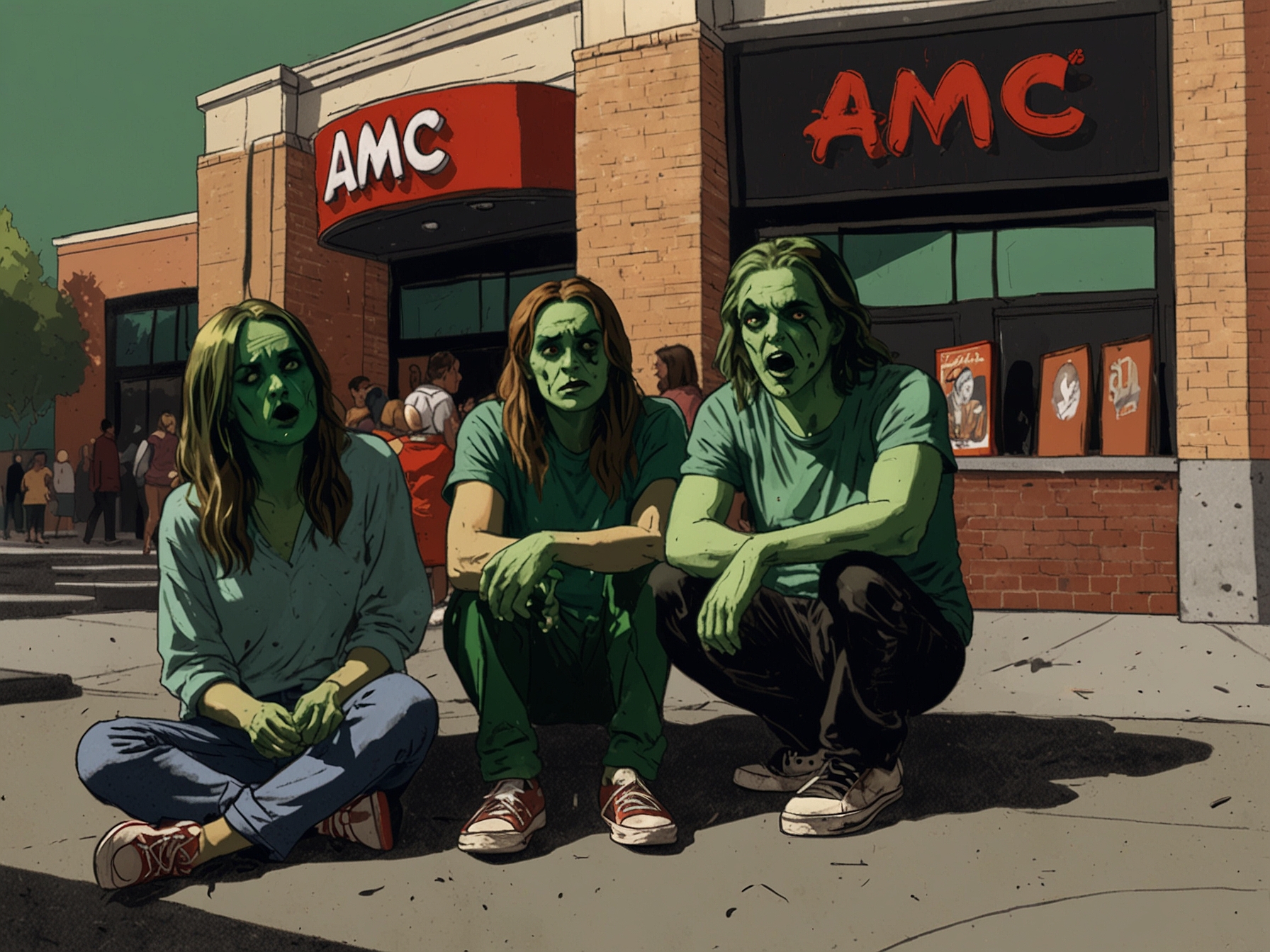 A group of disappointed Wicked fans gathered outside an AMC theater, some wiping off vibrant green face paint while expressing frustration over the strict rules.