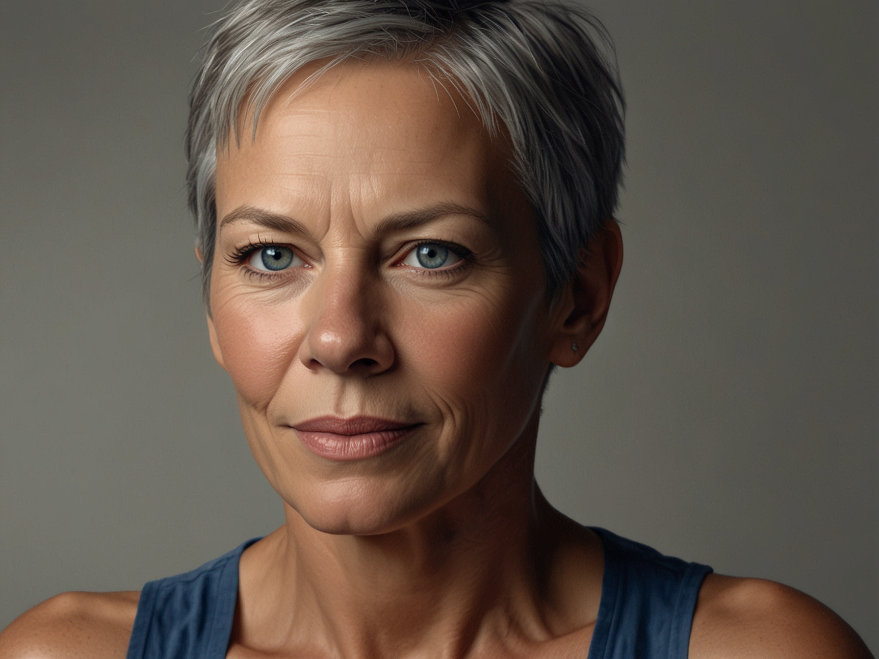 A bright and candid selfie of Jamie Lee Curtis showcasing her radiant skin with minimal makeup, reflecting a sense of empowerment and authenticity.