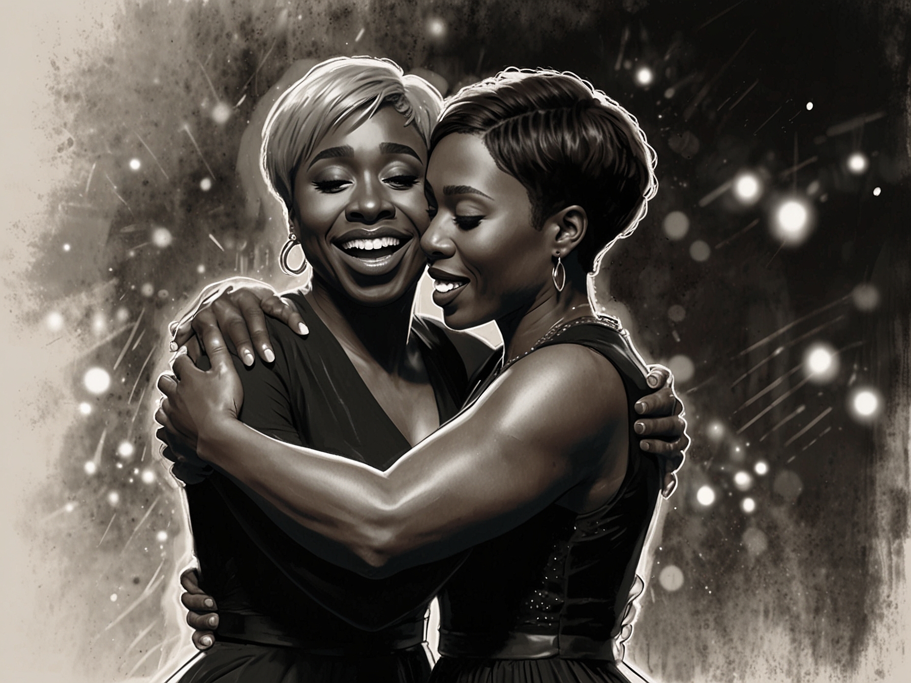 Cynthia Erivo and Jennifer Hudson embrace on stage, surrounded by warm lights, capturing the emotion of their reunion and the atmosphere of Broadway.