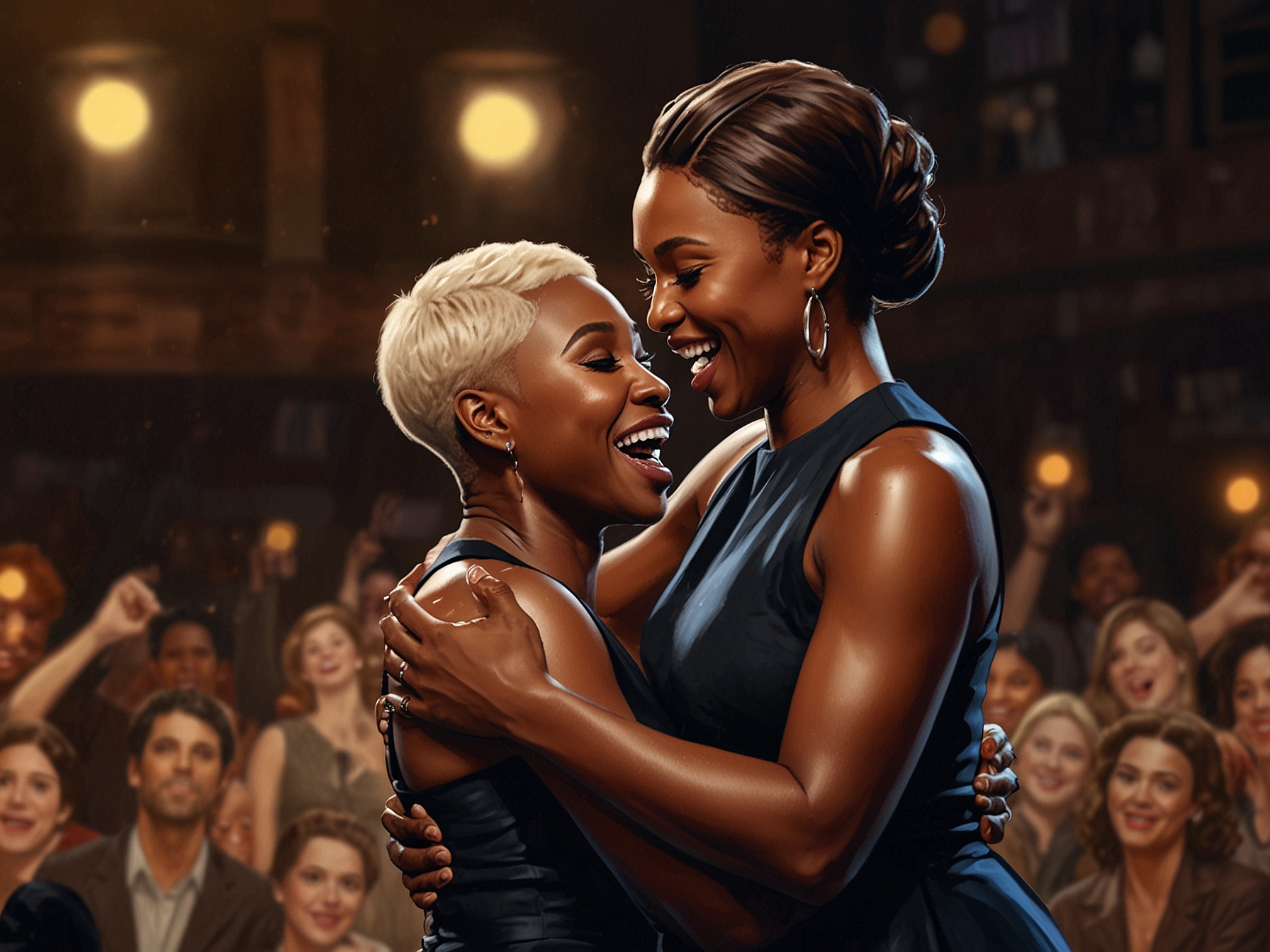 Cynthia Erivo wipes away tears as she sings, reflecting on her journey, with Jennifer Hudson smiling encouragingly beside her, both immersed in the moment.