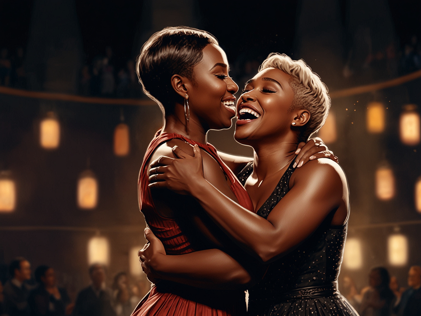 An audience captured in awe as Cynthia Erivo and Jennifer Hudson perform together, evoking nostalgia and emotion, showcasing the magic of live theater.