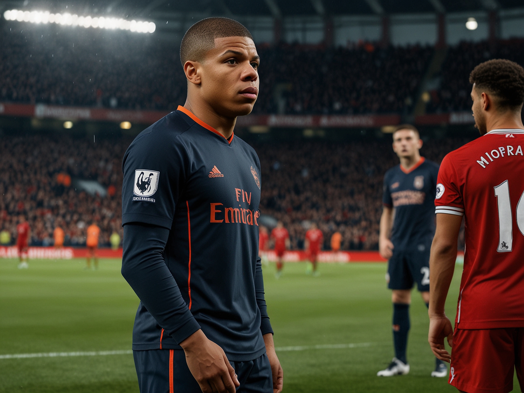 An image capturing Kylian Mbappe looking dejected on the pitch at Anfield, surrounded by Liverpool defenders, with visibly tense expressions reflecting the high stakes of the match.