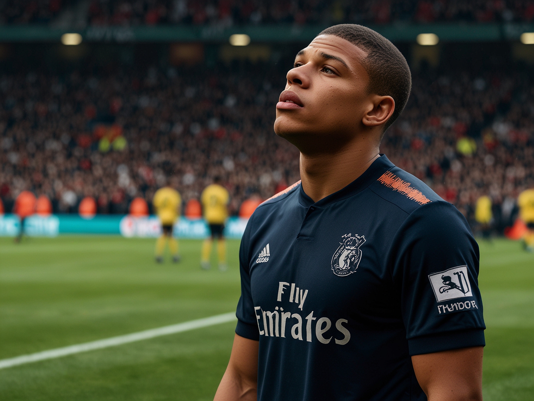 A close-up photograph of the moment Kylian Mbappe prepares to take his penalty, with the focus on his determined yet anxious expression and the opposing goalkeeper poised to make a save.
