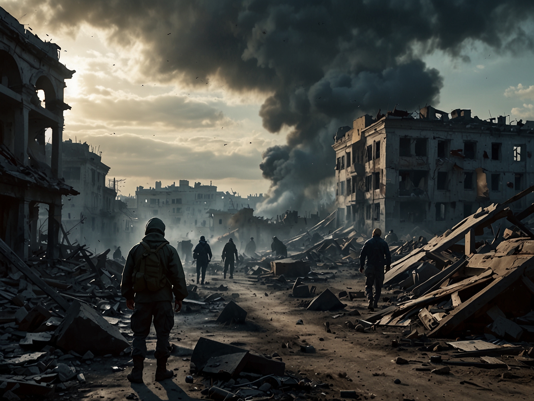 A somber morning scene in Ukraine, where residents scramble for shelter as sirens sound in the background, amidst the ruins of a recent missile strike that has shattered the tranquility of everyday life.
