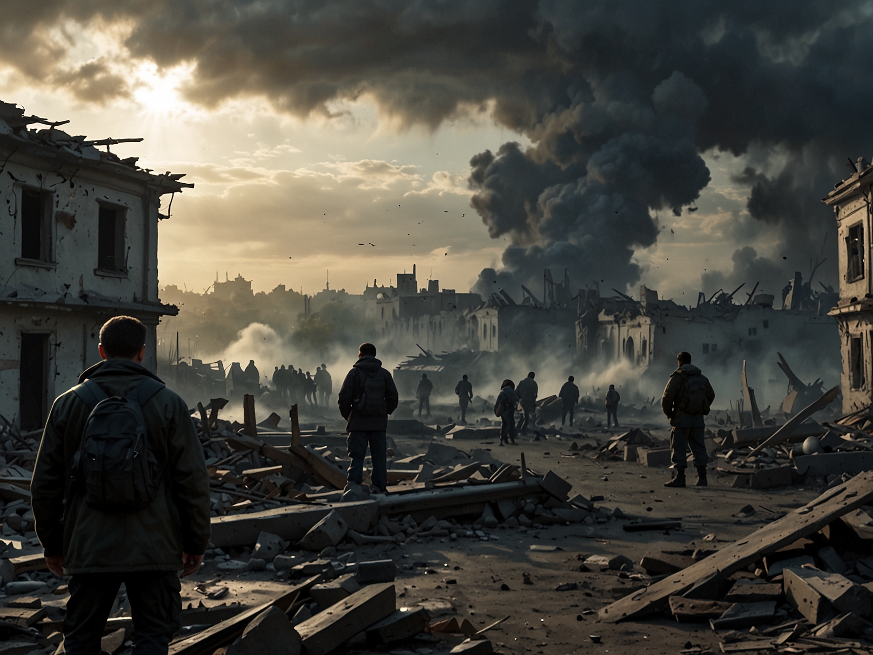 The aftermath of a missile strike in a Ukrainian city, with smoke rising from damaged buildings and debris scattered in the streets, serving as a stark reminder of the destruction wrought by war.