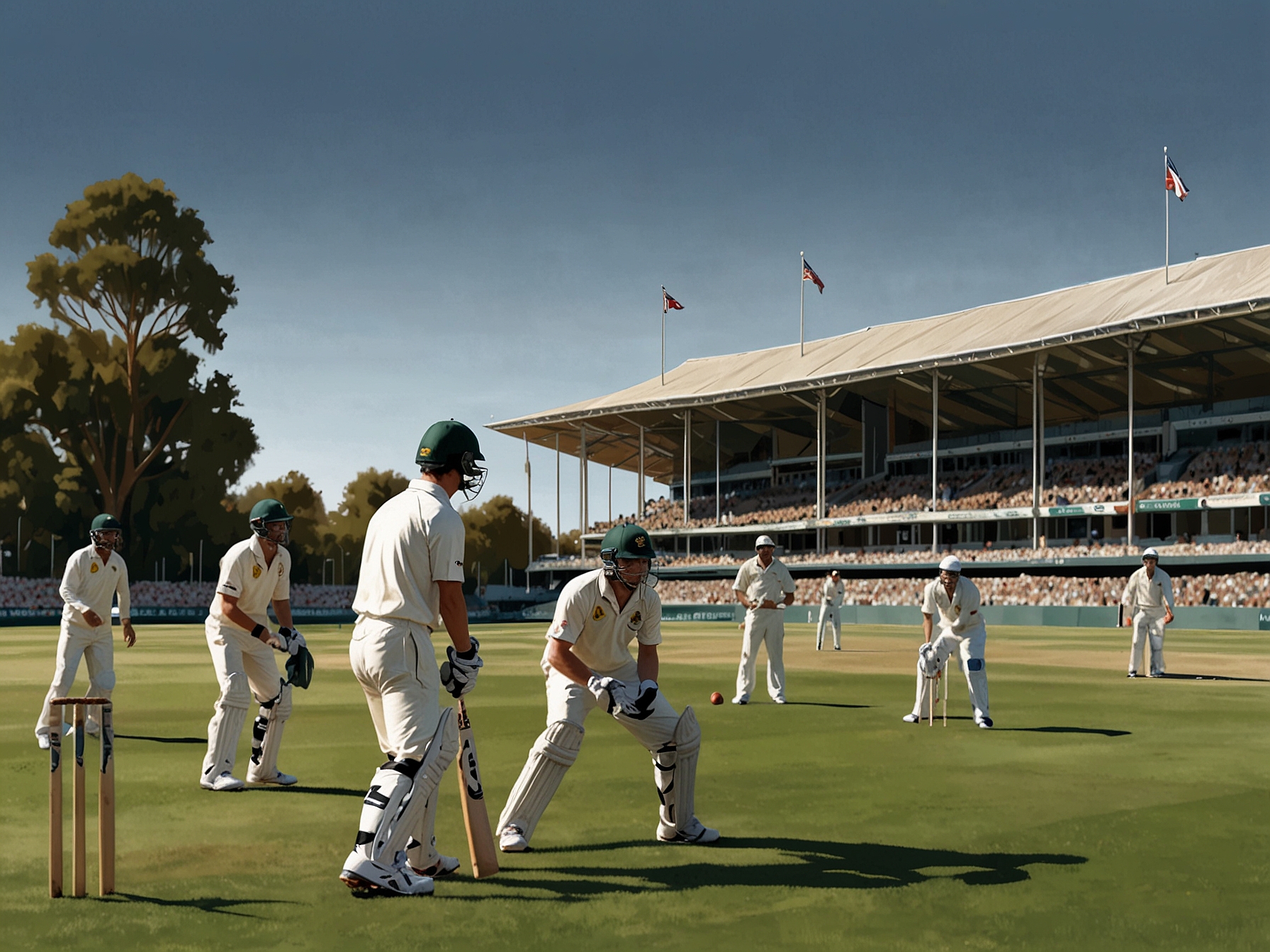 An image depicting the Australian cricket team in training, with focus on players practicing their batting and bowling skills under a clear sky, symbolizing preparation for the upcoming Test match against India.