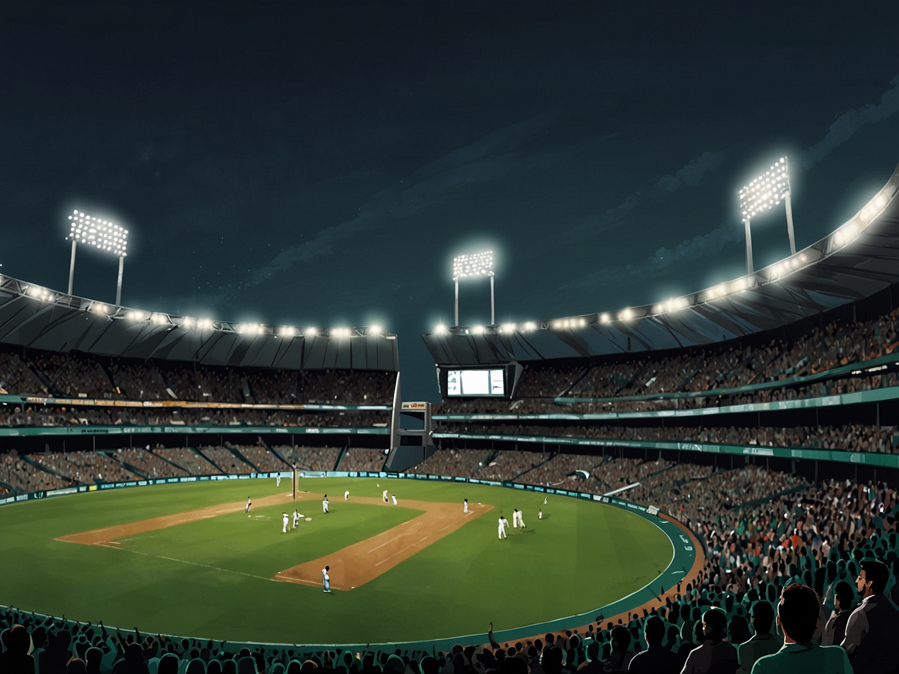 An image showcasing a cricket stadium filled with fans waving Pakistani flags, symbolizing national pride and excitement for the ICC Champions Trophy hopefuls.