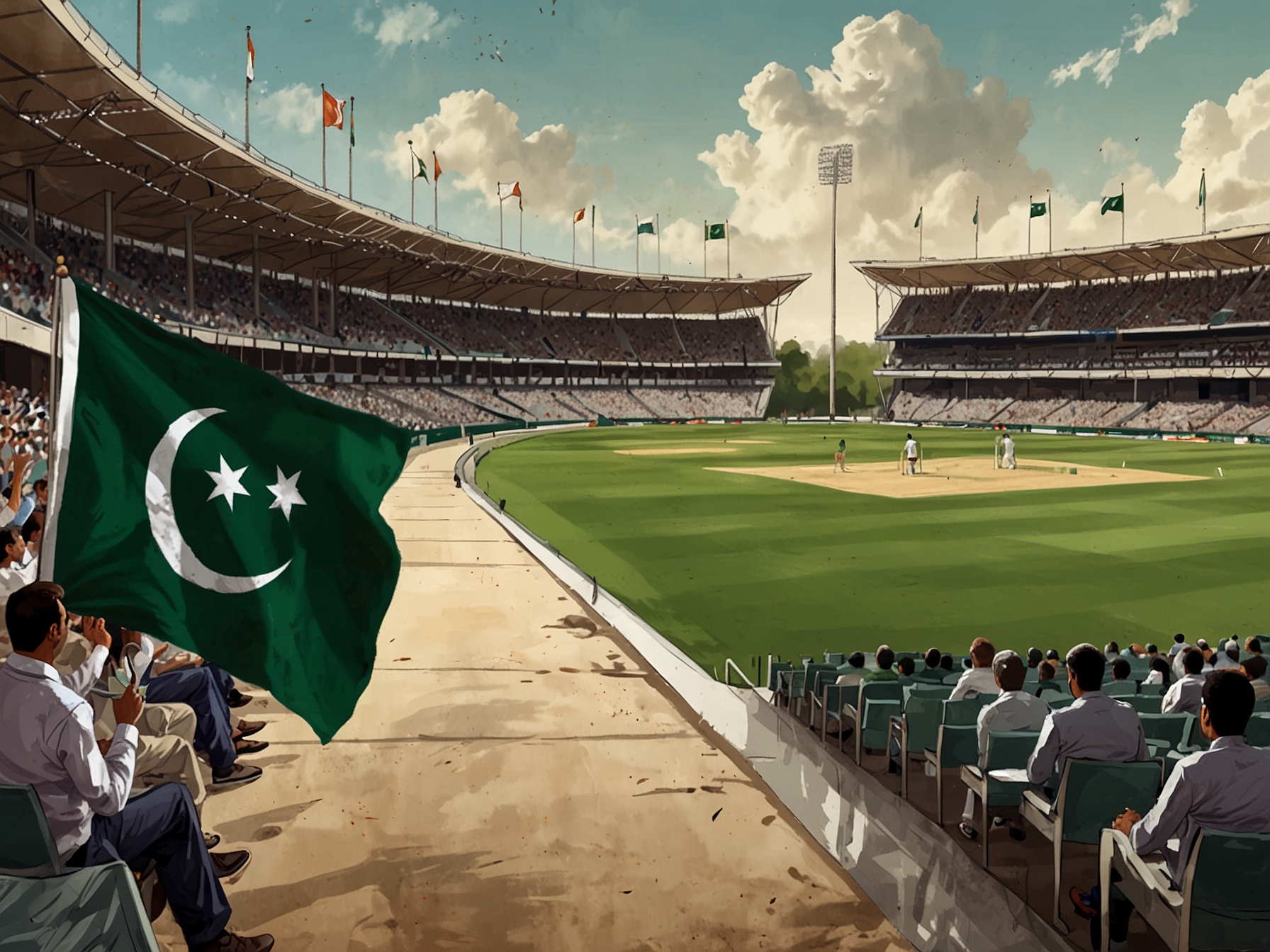 A split-screen image depicting cricket fans from India and Pakistan, illustrating the intense rivalry and passion for the sport alongside the political backdrop.