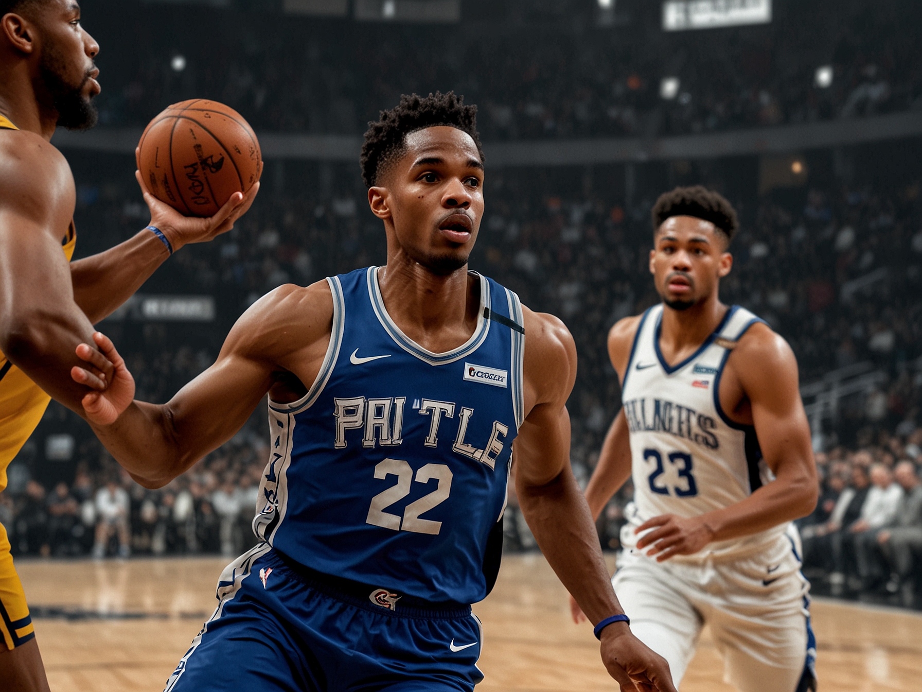 A tense moment in the fourth quarter as Andrew Wiggins attempts a game-tying shot, with defenders and fans anxiously watching, capturing the game's high stakes.